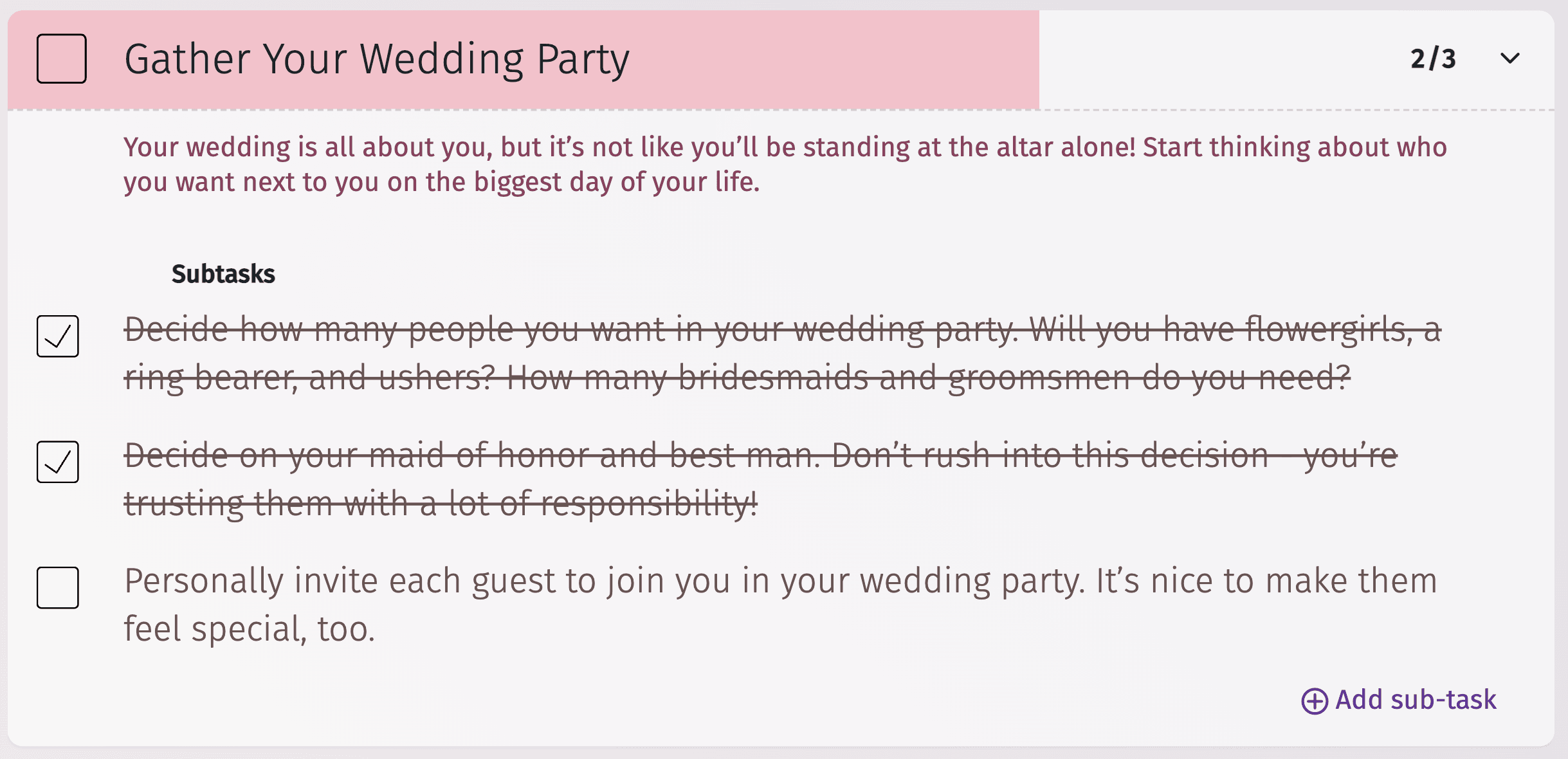 Lista di controllo della festa di nozze