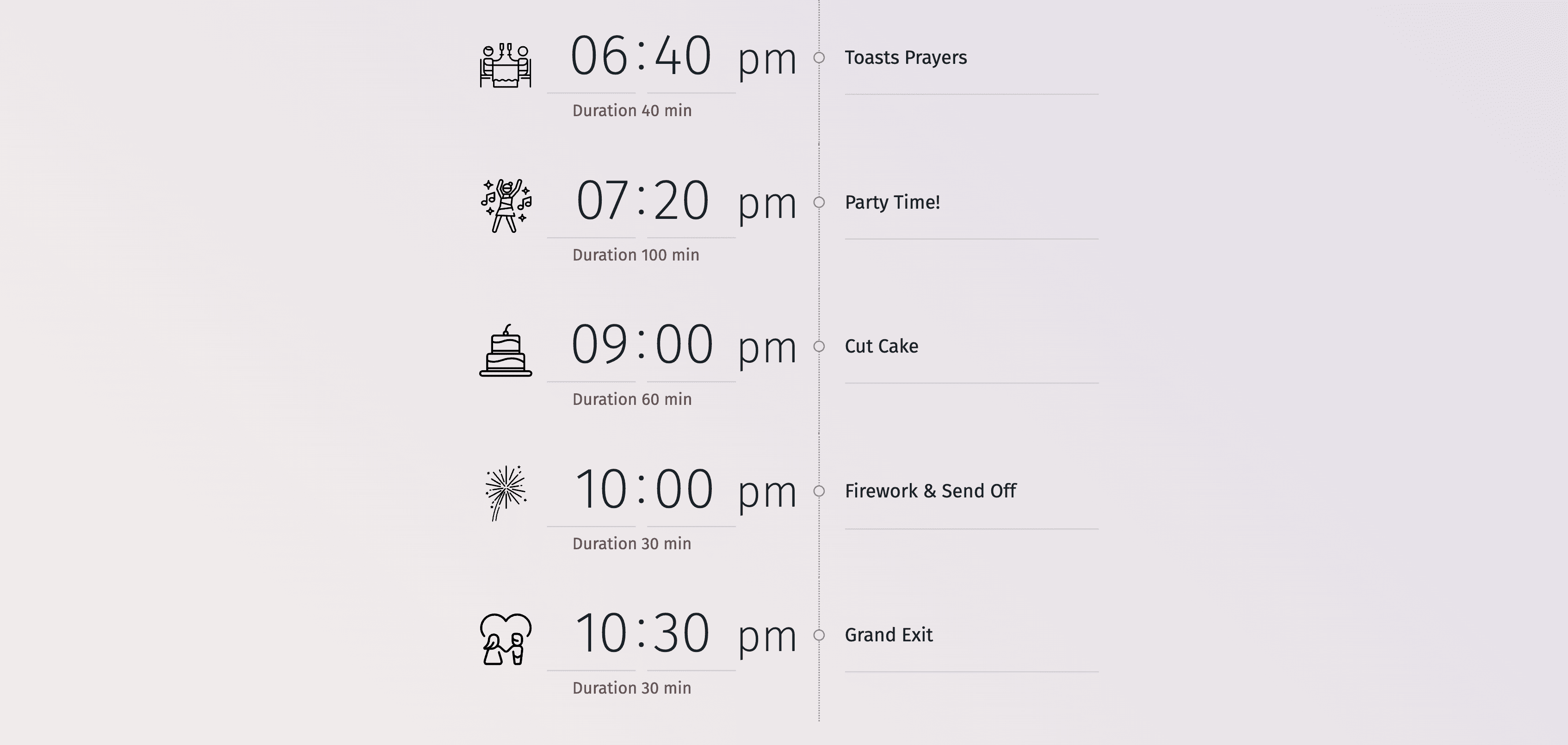 Ilustrácia časovej osi svadobného dňa s prispôsobiteľnými slotmi na personalizáciu