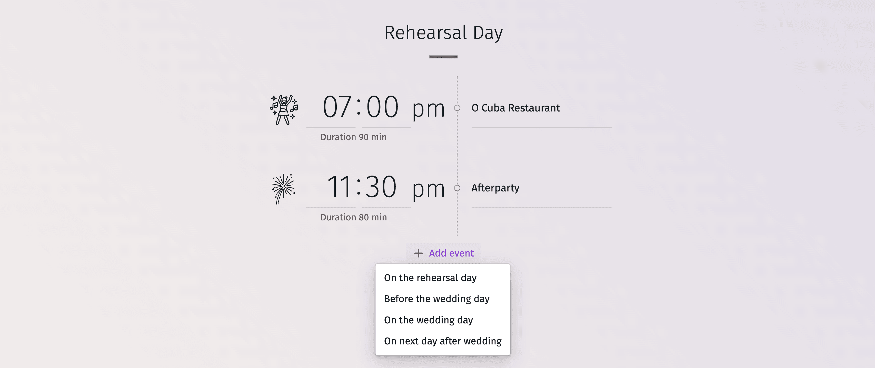 Obrázok zobrazujúci chronologický plán svadobného dňa od ranných príprav po večerné oslavy