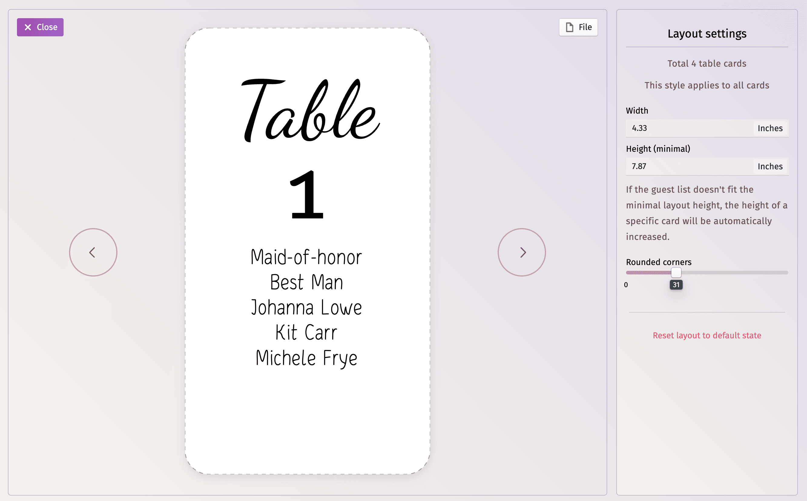 Interfaz del editor de tarjetas de asiento de mesa