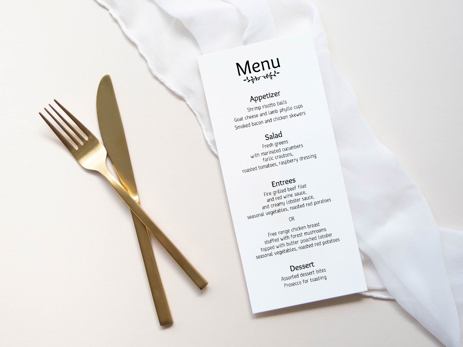Подчеркните статус вашего мероприятия с этим элегантным меню, включающим подборку изысканных закусок, салатов, основных блюд и десертов. Прекрасно подходит для свадеб и официальных ужинов: продуманный дизайн гармонично сочетается с роскошным сервированием, даря гостям незабываемые гастрономические впечатления.