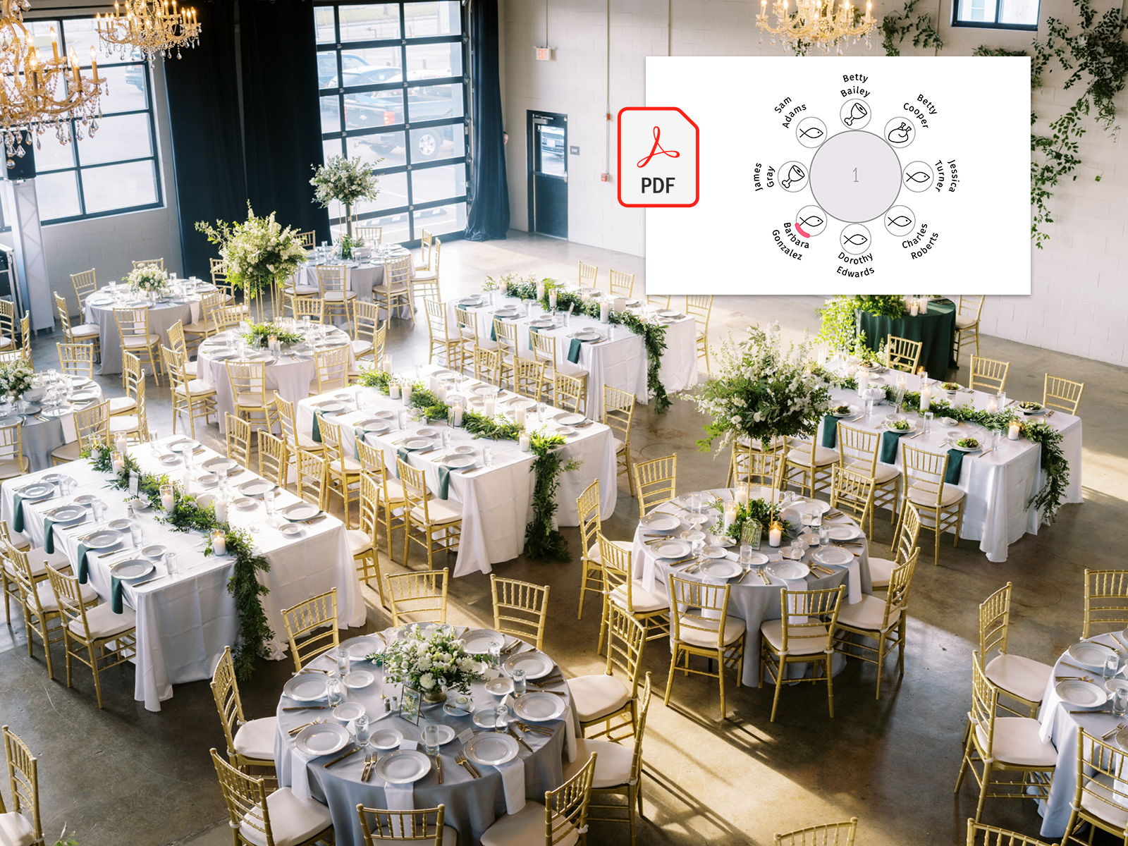 Создайте эффектное и при этом идеально организованное мероприятие с нашим настраиваемым PDF-файлом схемы рассадки, который подчёркивает элегантность любой площадки. На изображении — красиво оформленный банкетный зал с золотистыми стульями, обилием зелени и безупречно сервированными белыми столами, которые гармонично дополняет наша схема рассадки. Формат PDF позволяет легко персонализировать план, чтобы каждый гость без труда нашёл своё место.