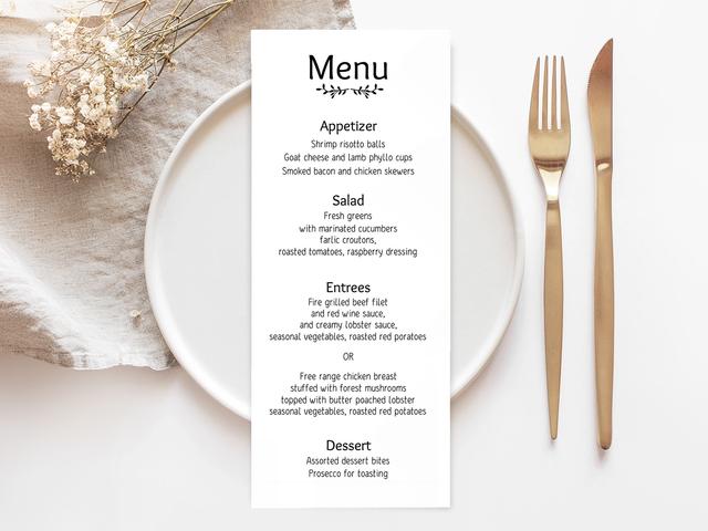 Enhance your dining experience with this beautifully designed menu, featuring a curated selection of gourmet appetizers, salads, entrees, and desserts. Perfect for weddings or special events, the elegant layout and thoughtful offerings add a touch of sophistication to any table setting.