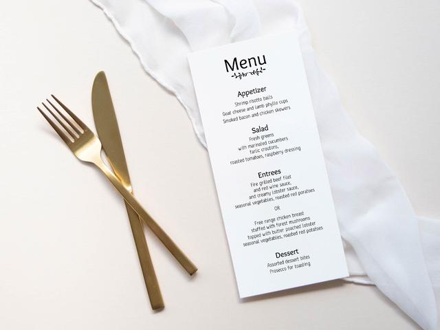 Elevate your event with this elegant menu, featuring a selection of gourmet appetizers, salads, entrees, and desserts. Perfect for weddings or formal dinners, this beautifully designed menu pairs perfectly with luxurious table settings, ensuring a memorable dining experience for your guests.