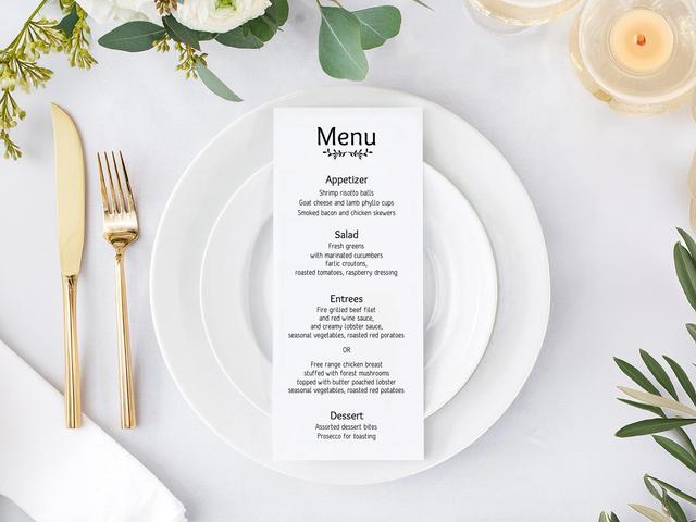 Create a luxurious dining experience with this beautifully crafted menu, elegantly presented on a refined table setting. Perfect for weddings or formal events, it features gourmet selections that are sure to impress your guests and enhance the ambiance of your special occasion.