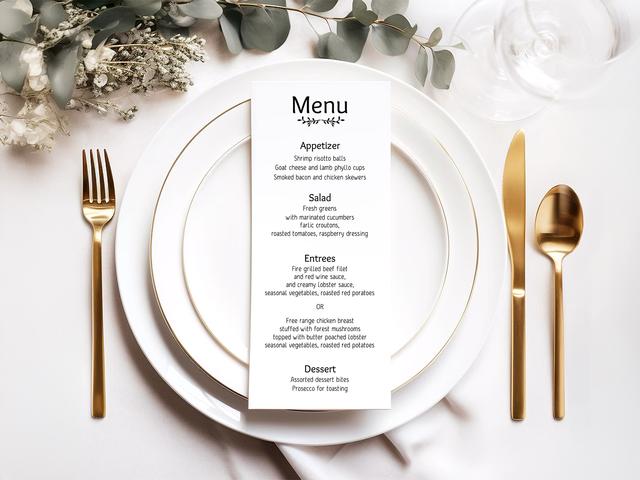 Elevate your event with this beautifully designed menu, perfectly complemented by an elegant table setting. Featuring a selection of gourmet dishes, this menu adds a touch of sophistication to weddings or formal gatherings, ensuring an unforgettable dining experience for your guests.