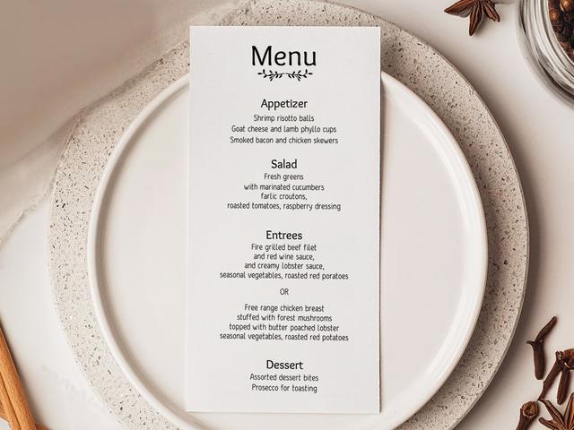 Améliorez votre expérience gastronomique avec ce menu élégamment conçu, placé sur une table au design sophistiqué. Parfait pour les mariages ou les événements formels, ce menu propose une sélection de plats gastronomiques, ajoutant une touche de raffinement et de style à votre occasion spéciale.