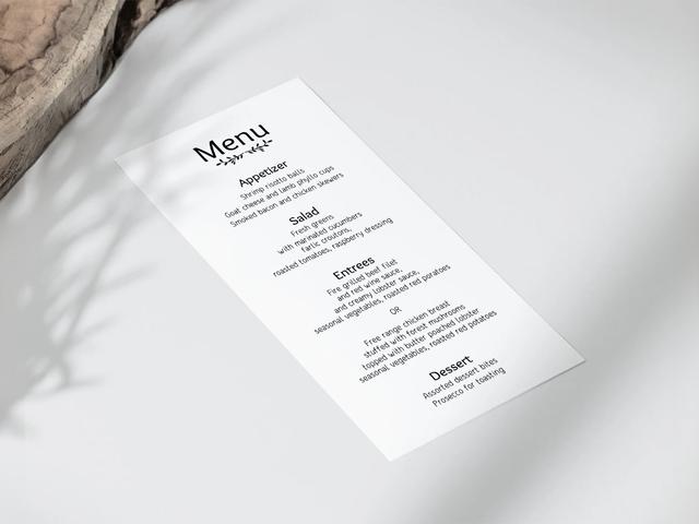 Showcase your event's culinary offerings with this minimalist, elegantly designed menu. Perfect for weddings or formal gatherings, its clean layout and sophisticated presentation ensure a refined dining experience that complements any table setting.