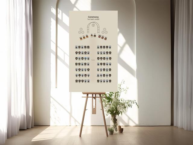 Simplify your ceremony with this beautifully designed seating chart. Perfect for weddings, its sleek and modern presentation ensures guests find their seats easily, while adding a refined, elegant touch to your venue décor.