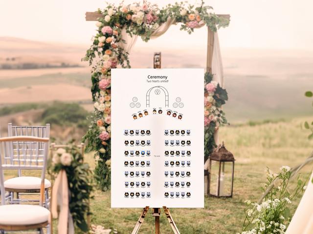 Add elegance to your outdoor wedding with this beautifully designed ceremony seating chart. Set against a stunning floral arch and scenic landscape, it ensures guests find their seats with ease while enhancing the romantic ambiance of your special day.