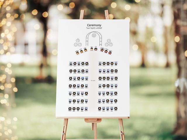 Elevate your wedding day with this charming ceremony seating chart. Set against a backdrop of twinkling lights and greenery, it ensures your guests are seated with ease while adding a touch of magic to your celebration.