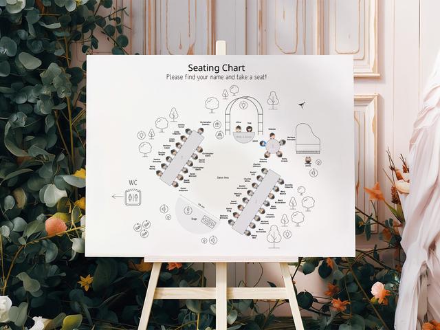 Mettez en valeur votre journée spéciale avec un magnifique plan de table de mariage ! Ce tableau élégant et détaillé, sur fond de verdure et de décorations délicates, permet à vos invités de trouver facilement leur place. Il comprend des plans de table personnalisés avec les noms et les photos des invités, ainsi que des zones clés clairement indiquées comme la table des mariés, les toilettes et l'estrade.