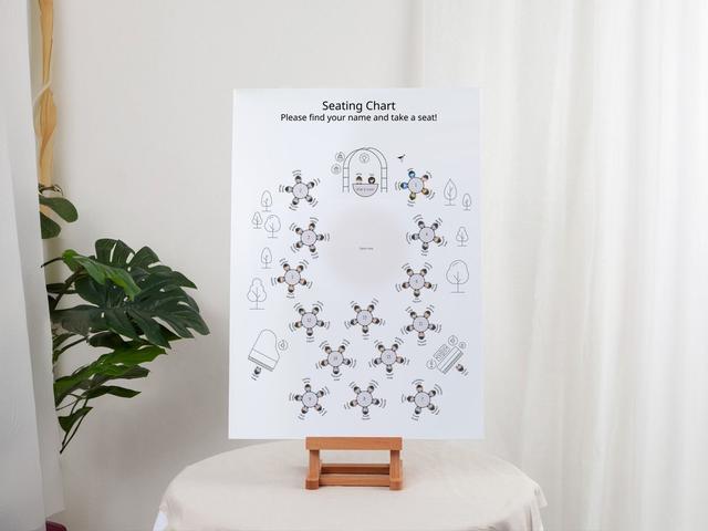 Create a seamless and memorable experience for your wedding guests with our elegant seating chart! This beautifully designed chart, showcased on a stylish wooden easel, helps guests easily find their seats with personalized name tags and photos. The layout features round tables, clearly numbered for easy reference, along with key areas like the bride and groom’s table, dance area, and stage.