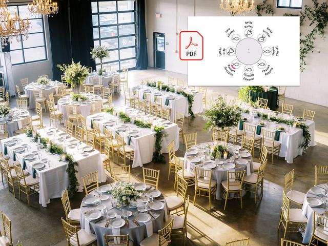 Create a stunning and organized event with our customizable seating chart PDF, designed to elevate the elegance of any venue. This image showcases a beautifully decorated banquet hall, with gold chairs, lush greenery, and crisp white table settings, perfectly complemented by our seating chart. The PDF allows for easy personalization, ensuring each guest finds their seat effortlessly.