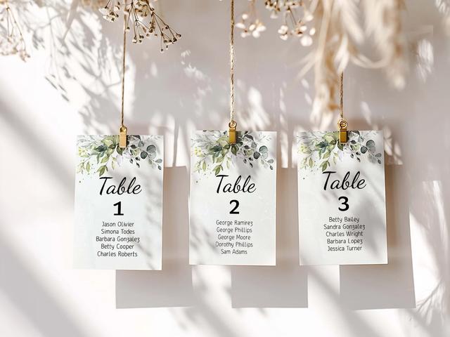 Bring a natural, elegant touch to your event with these beautifully designed table cards. Featuring botanical accents and suspended by stylish clips, they effortlessly combine simplicity and charm. Perfect for weddings and sophisticated gatherings, these cards ensure your guests find their seats in style while enhancing your décor with a modern, organic vibe.