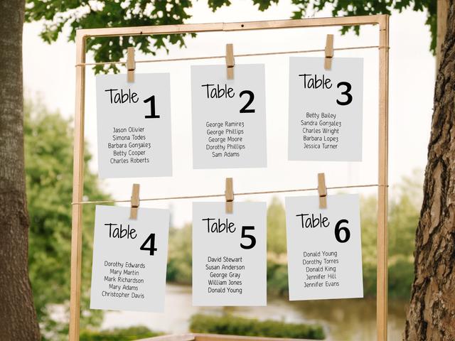 Add a modern and minimalist touch to your event with this stylish seating chart. Featuring bold, simple table numbers and guest lists clipped to a wooden frame, it offers a clean, elegant solution for guiding guests to their seats. Perfect for outdoor weddings and celebrations, this setup seamlessly blends function with sleek design.