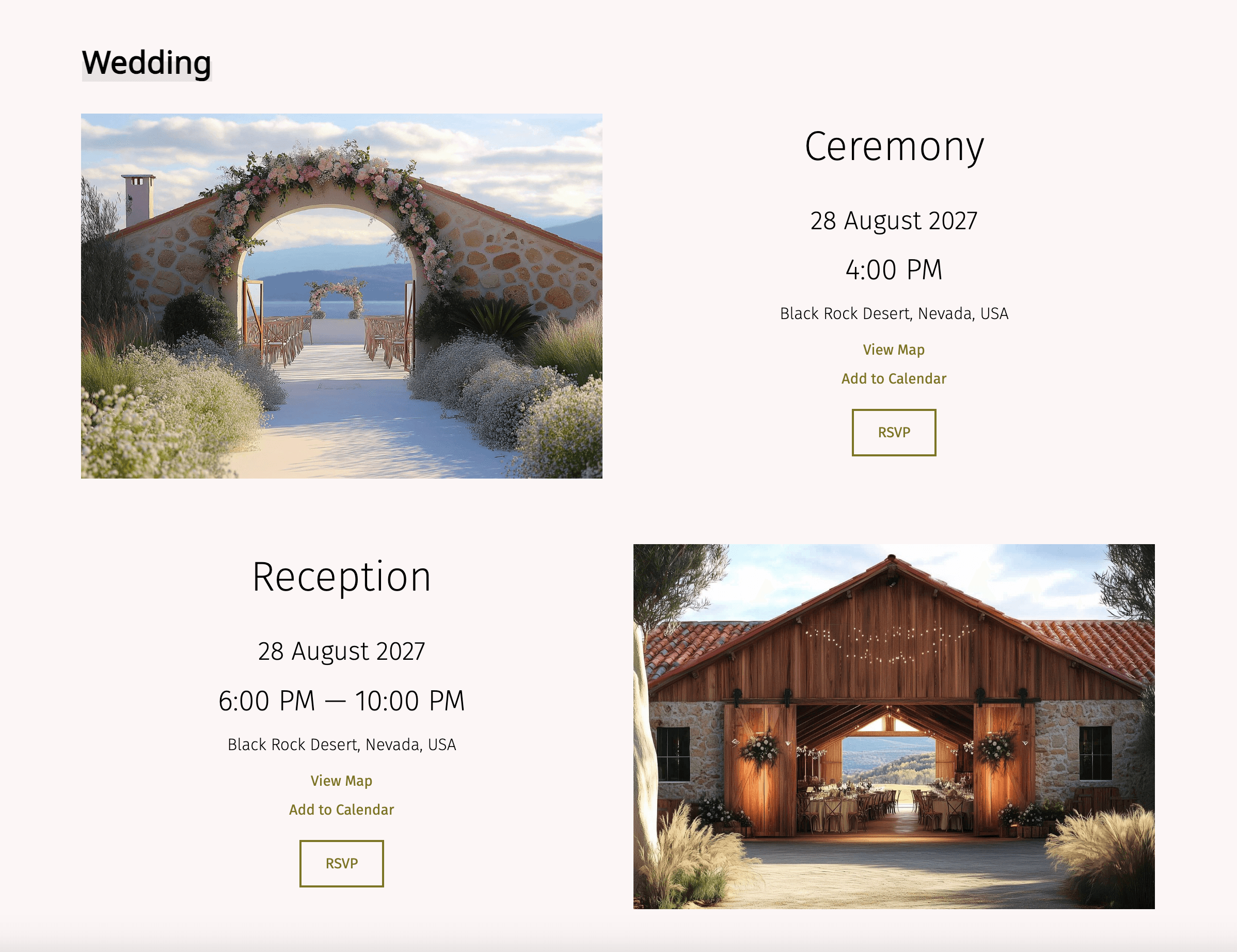 Screenshot of a wedding details page labeled ‘Wedding.’ The left photo shows a floral arch for the ceremony on 28 August 2027 at 4:00 PM in Black Rock Desert, Nevada. The right photo displays a wooden reception hall for 6:00 PM to 10:00 PM at the same location. Each section offers ‘View Map,’ ‘Add to Calendar,’ and ‘RSVP’ buttons.