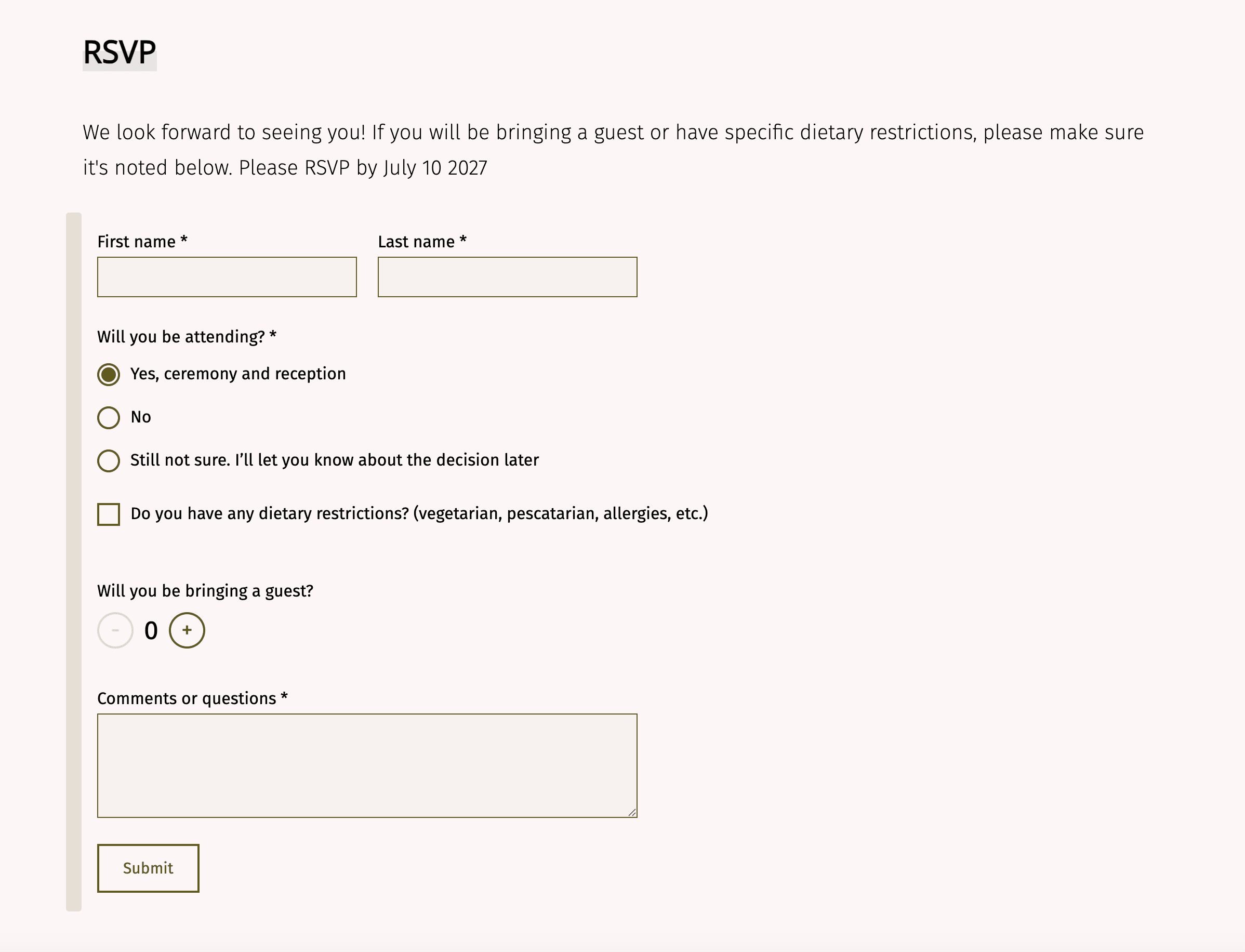 Screenshot of an RSVP form asking for first and last names, plus attendance (Yes, No, or Unsure). A checkbox covers dietary restrictions, and there’s a prompt about bringing a guest. A large text box labeled ‘Comments or questions’ appears above a ‘Submit’ button. A note at the top reads, ‘Please RSVP by July 10.’