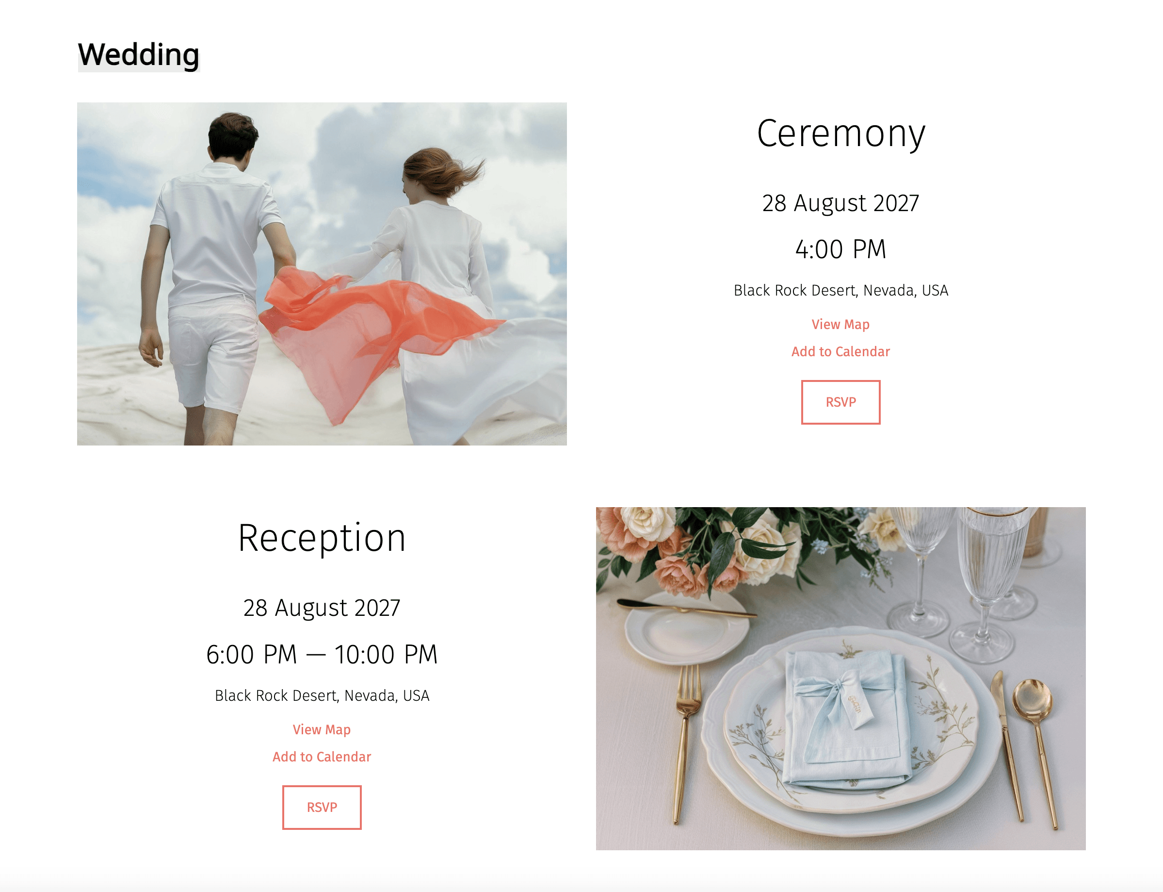 Captura de pantalla de una página de detalles de una "Boda". A la izquierda aparece una pareja vestida de blanco con un pañuelo naranja, etiquetada como "Ceremonia" para el 28 de agosto a las 16:00 en Black Rock Desert, Nevada. Abajo aparece "Recepción" de 18:00 a 22:00 en el mismo lugar, con una foto de los cubiertos. Cada evento tiene "Ver mapa", "Añadir al calendario" y "RSVP".