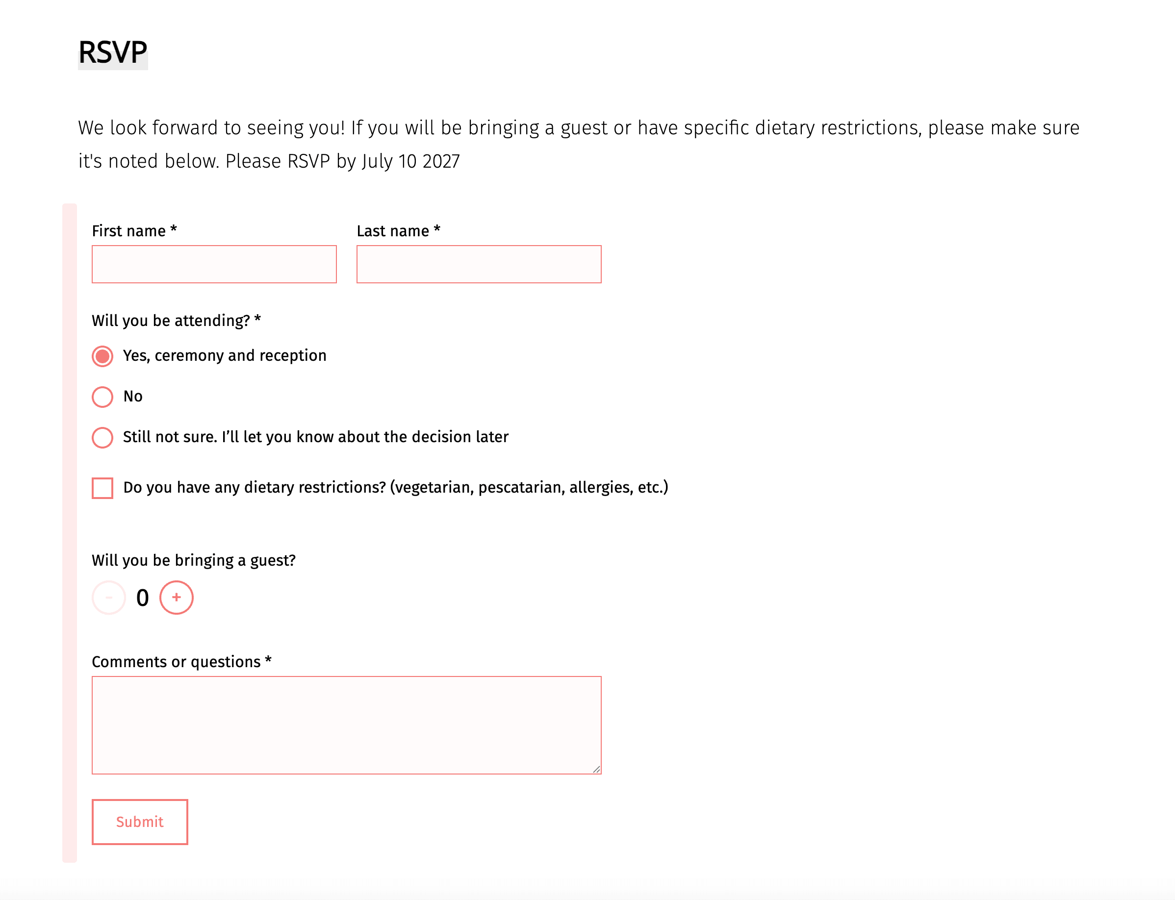 Kuvakaappaus häät RSVP-lomakkeesta, jossa lukee "Odotamme innolla tapaamistamme!" ja muistutus vastauksesta 10. heinäkuuta mennessä. Kenttiin sisältyvät etu- ja sukunimet, valintapainikkeet osallistumista varten (Kyllä, Ei tai Epävarma), valintaruutu ruokavaliorajoituksia varten, vieraskysymys ja kommenttikenttä, jonka jälkeen on Lähetä-painike.