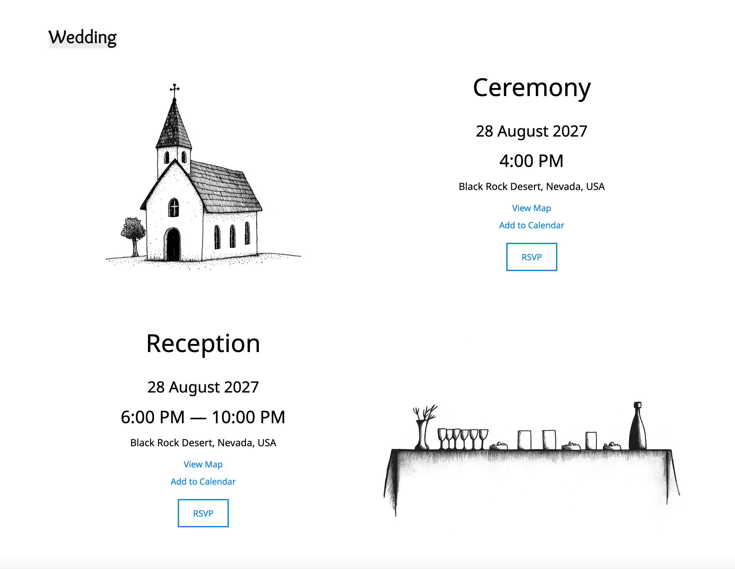 Zrzut ekranu strony szczegółów "Ślubu" w czarno-białych szkicach. Mały obraz kościoła przedstawia ceremonię 28 sierpnia o 16:00 w Black Rock Desert w stanie Nevada, a sylwetka stołu przedstawia przyjęcie od 18:00 do 22:00. Obie sekcje zawierają opcje "Wyświetl mapę", "Dodaj do kalendarza" i "RSVP" dla gości.