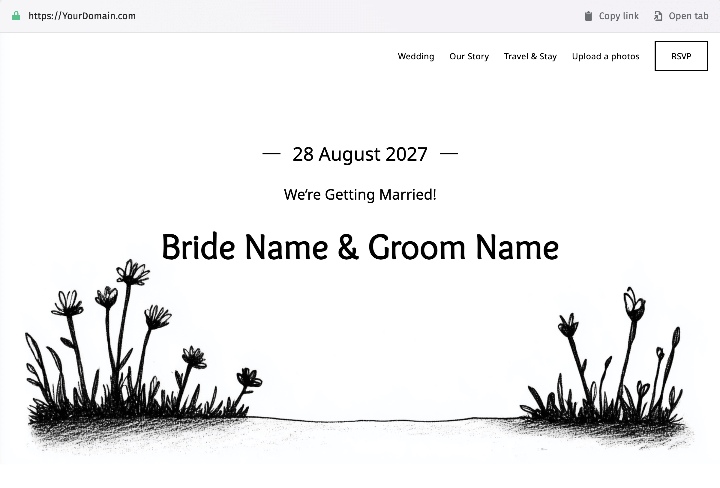 Zrzut ekranu czarno-białej ślubnej strony głównej. U dołu widnieją sylwetki kwiatów, a na środku napisy "28 sierpnia", "Pobieramy się!" i "Imię panny młodej i imię pana młodego". Górne menu oferuje "Ślub", "Nasza historia", "Podróż i pobyt", "Prześlij zdjęcia" i "RSVP" wraz z nazwą domeny oraz przyciskami "Kopiuj link" i "Otwórz kartę".