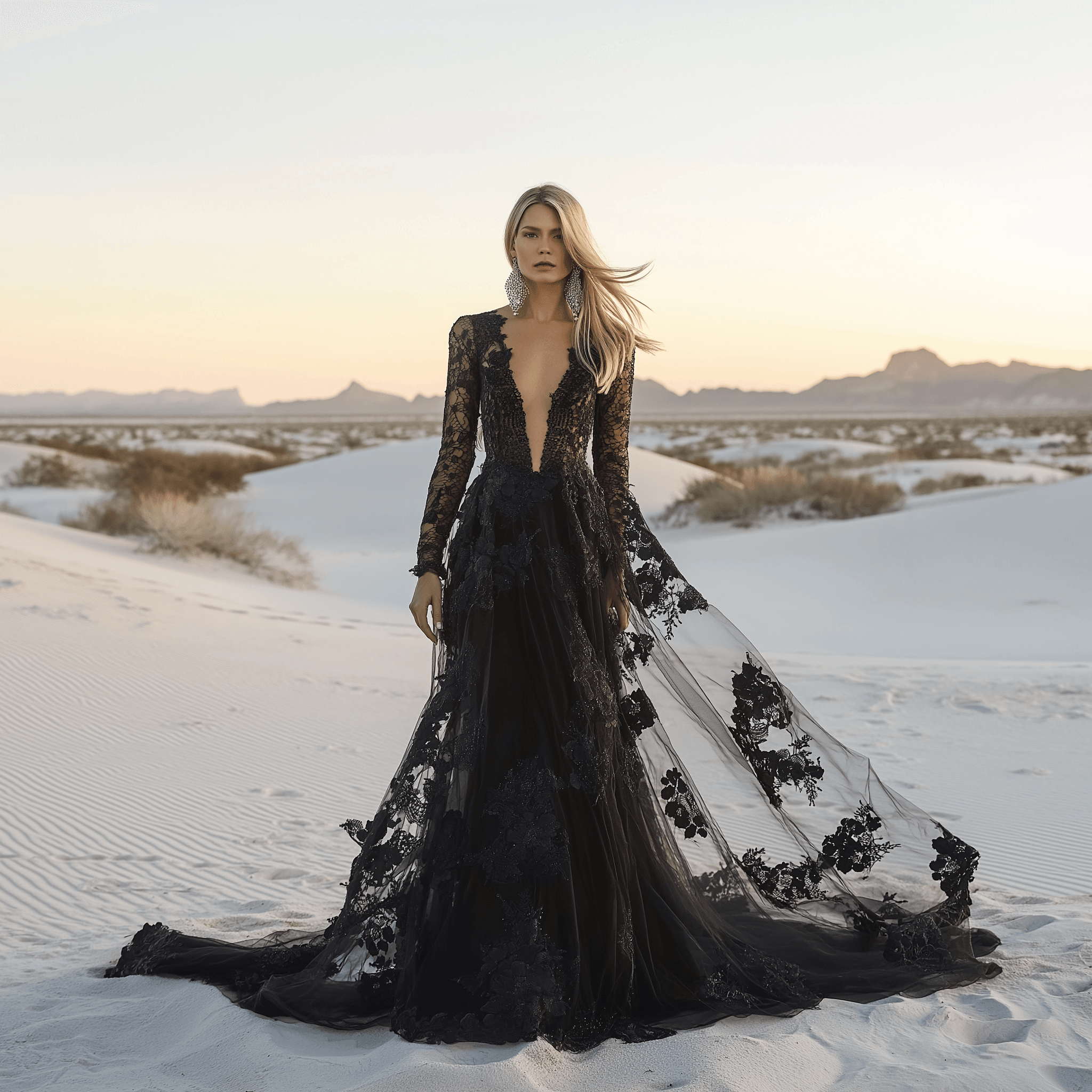 Uma imagem marcante de uma mulher em uma paisagem desértica ao pôr do sol, vestindo um vestido de renda preto dramático. O vestido tem um decote profundo e mangas longas transparentes, com detalhes intrincados de renda ao longo do comprimento do vestido. A renda preta contrasta lindamente com o cenário de deserto claro e arenoso. Seu longo cabelo loiro sopra levemente ao vento, e a suave luz do pôr do sol cria uma atmosfera quente e etérea, destacando as vastas dunas e as montanhas distantes ao fundo.