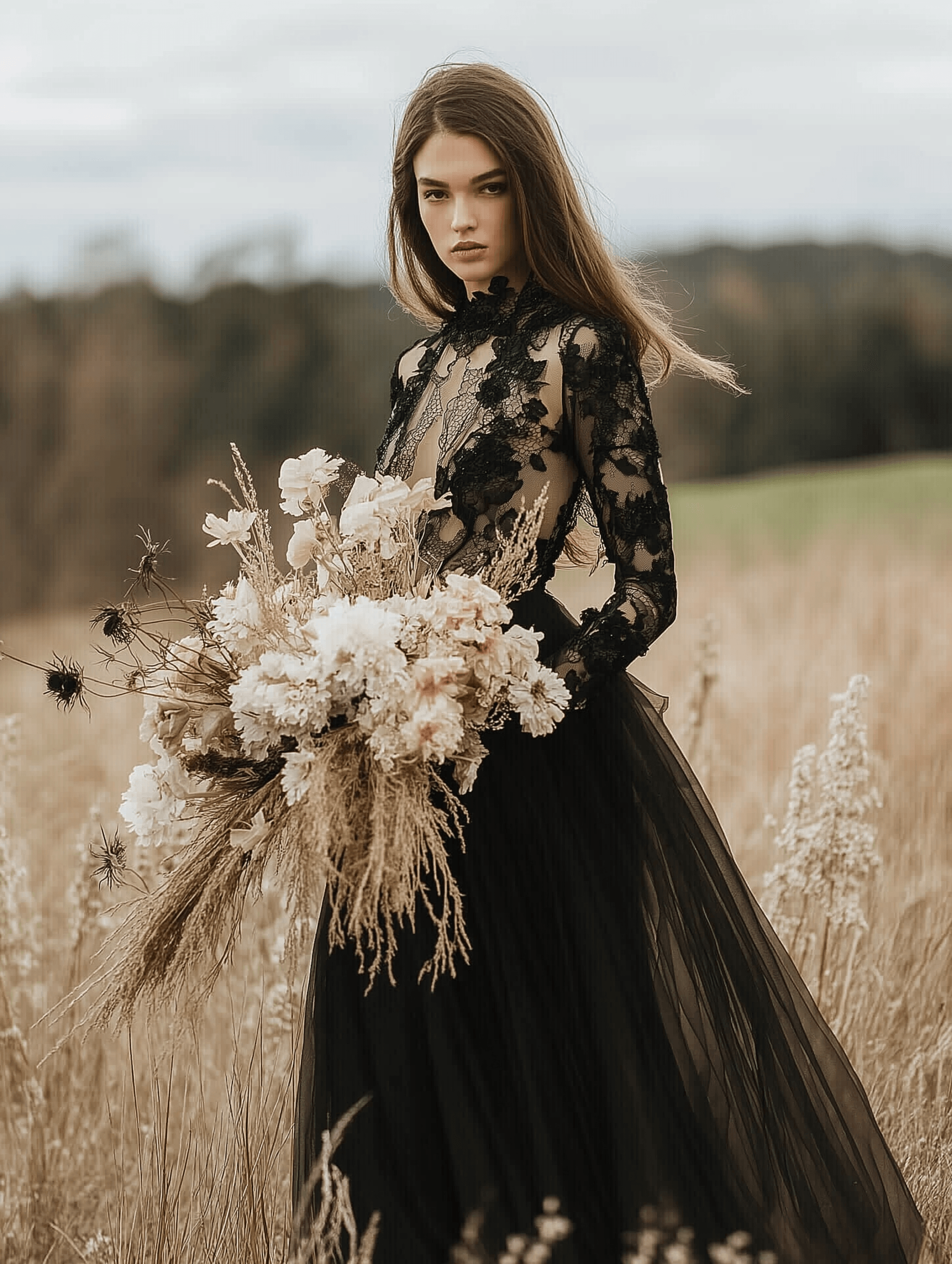 Una mujer está en un campo, vestida con un vestido de encaje negro con un corsé transparente y mangas largas. Sostiene un gran ramo de flores y pastos secos en tonos blancos y beige, que contrasta con su atuendo oscuro. Su largo cabello castaño fluye naturalmente y su expresión es seria y segura. El paisaje natural, con pastos altos y una línea de árboles borrosa en el fondo, crea una atmósfera suave y melancólica que complementa la elegancia gótica de su apariencia.