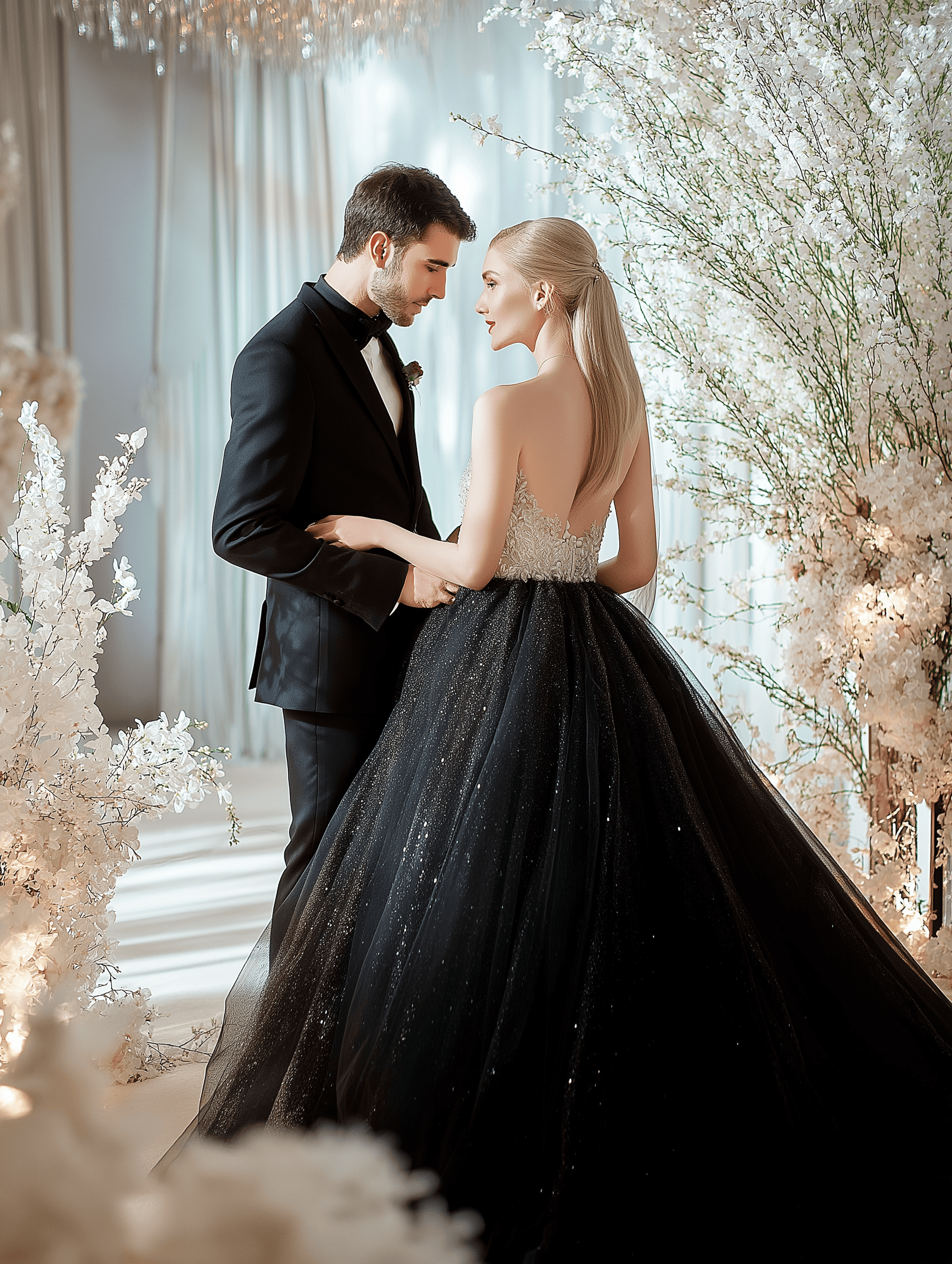 A couple stands closely together in an elegant, indoor setting, surrounded by white floral decorations. The woman is wearing a strapless black ball gown with a glittering tulle skirt and an intricate beaded bodice. Her blonde hair is styled in a sleek ponytail. The man is dressed in a classic black tuxedo and gazes lovingly at her. The scene is softly lit, creating a romantic and ethereal atmosphere with delicate white flowers and light-colored curtains in the background.