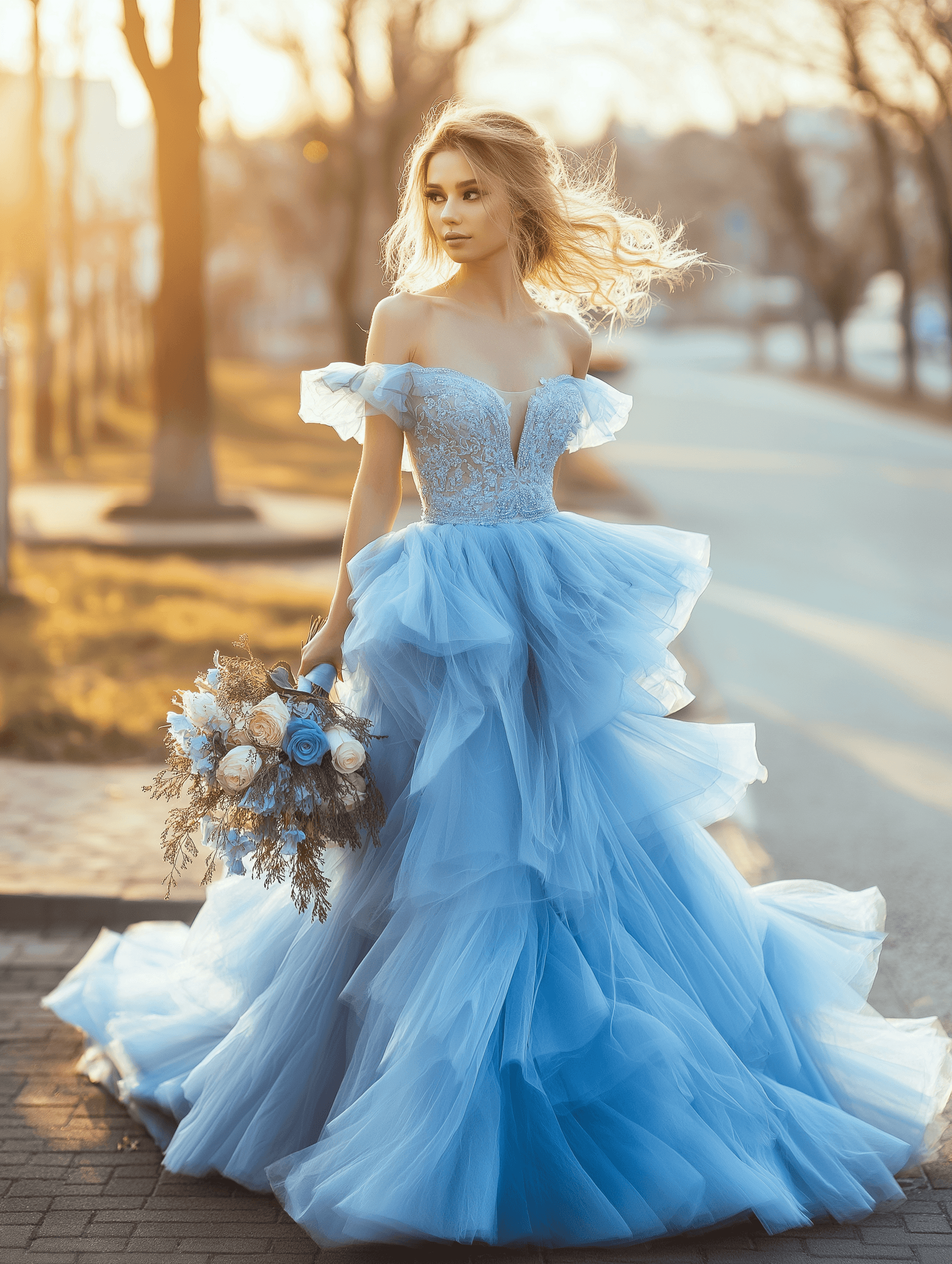 A woman wearing a light blue off-the-shoulder gown with a voluminous, ruffled tulle skirt stands outdoors in soft sunlight. The bodice of the dress is fitted with lace detailing, and she holds a bouquet of blue and white roses. Her hair flows gently in the wind as she gazes off to the side.