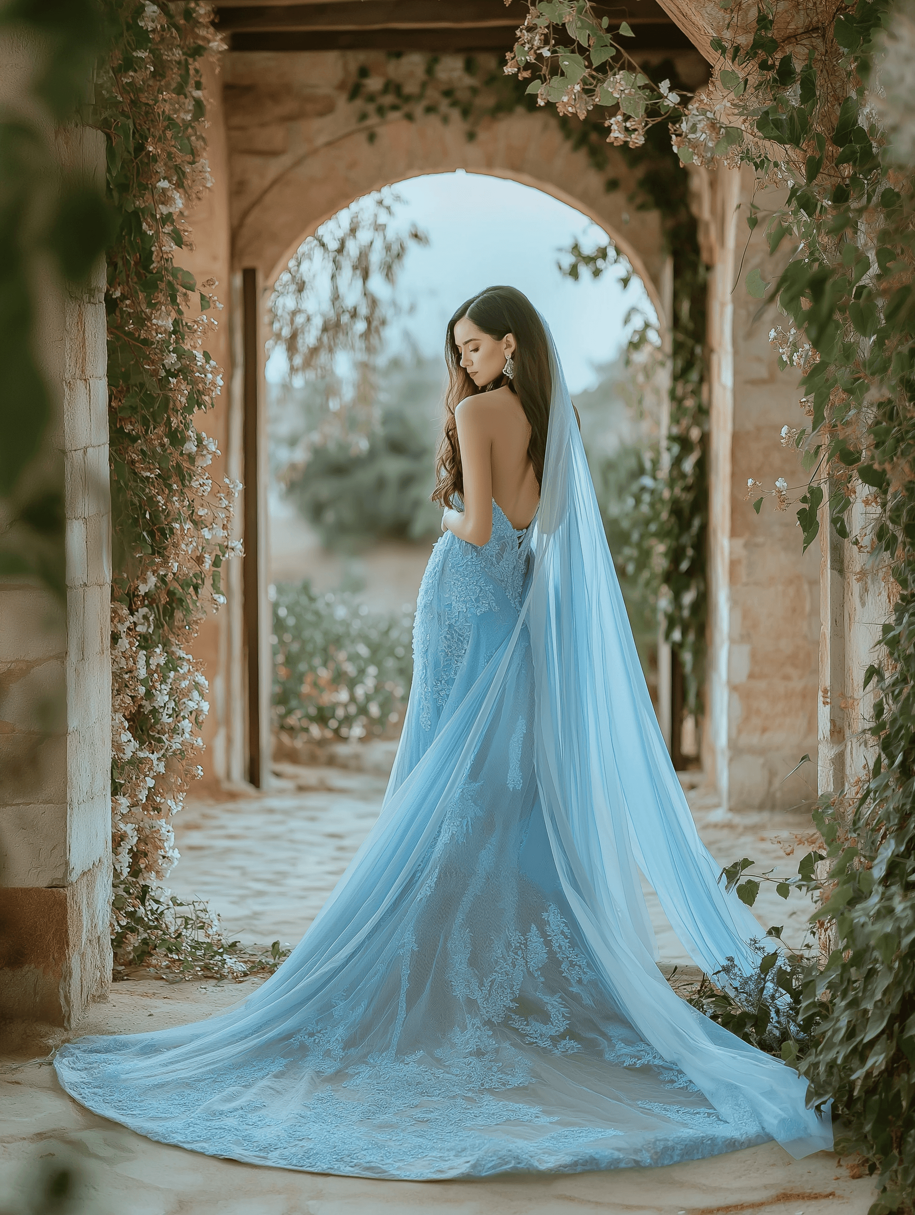 Uma mulher em um vestido de noiva azul claro com uma longa cauda de renda fluida está em um arco coberto de vinhas. O vestido apresenta um decote nas costas e um longo véu delicado que se arrasta atrás dela. Ela olha suavemente para baixo, emoldurada pela beleza natural do arco de pedra e da vegetação.