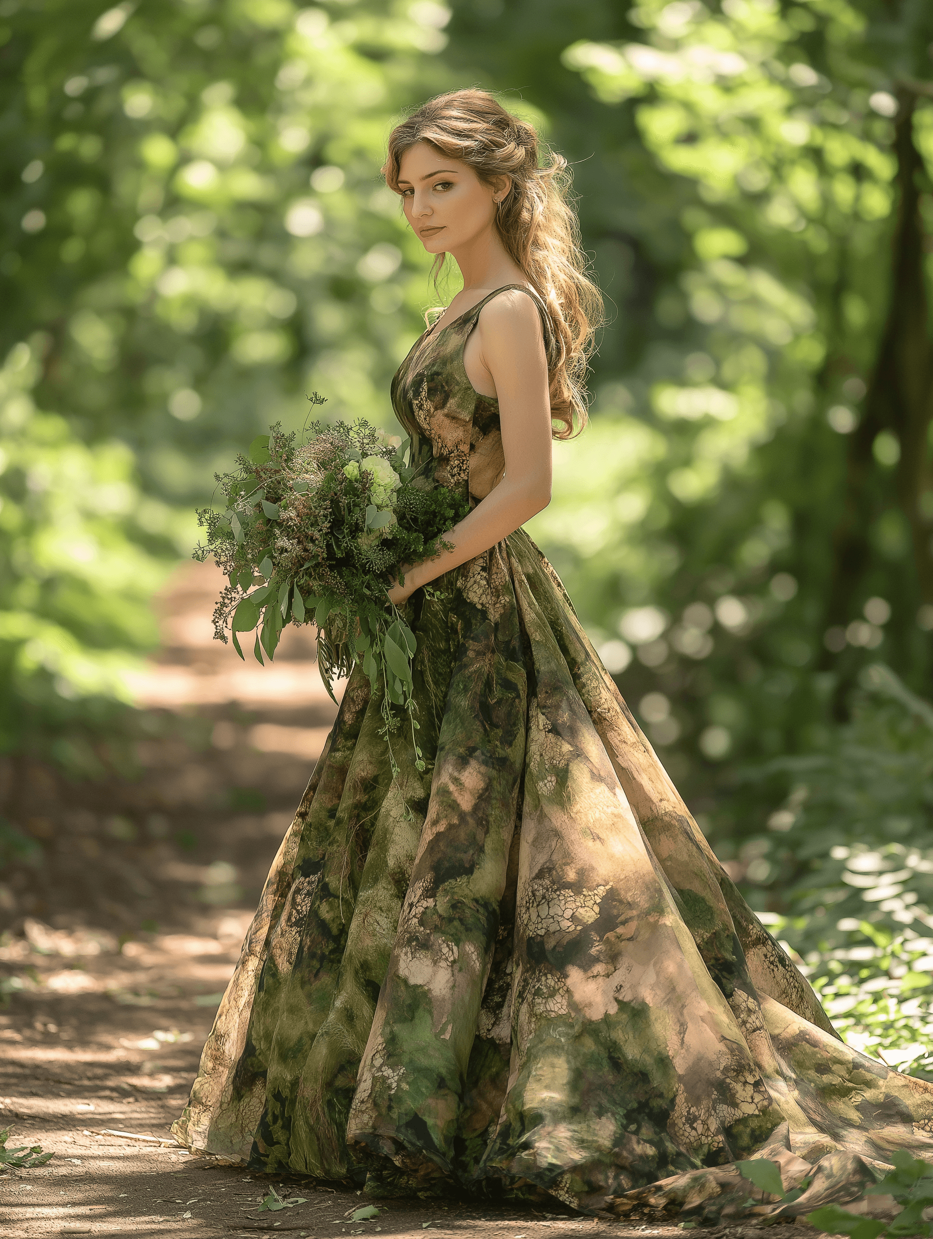 A woman stands in a forest setting wearing a long, flowing gown with a green and earthy-toned pattern that blends into the natural surroundings. She holds a large bouquet of wild greenery and flowers, and her hair is styled in soft waves, adding to the natural, ethereal ambiance of the scene.