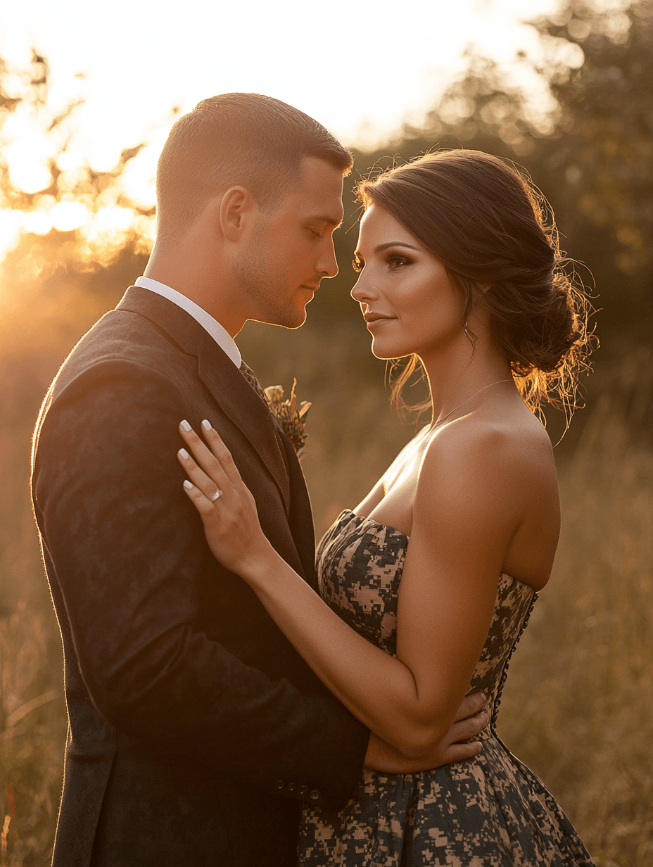 A bride and groom embrace outdoors at sunset. The bride is wearing a strapless gown with a digital camouflage pattern, while the groom is dressed in a dark suit. The lighting from the setting sun creates a warm, romantic glow around them.