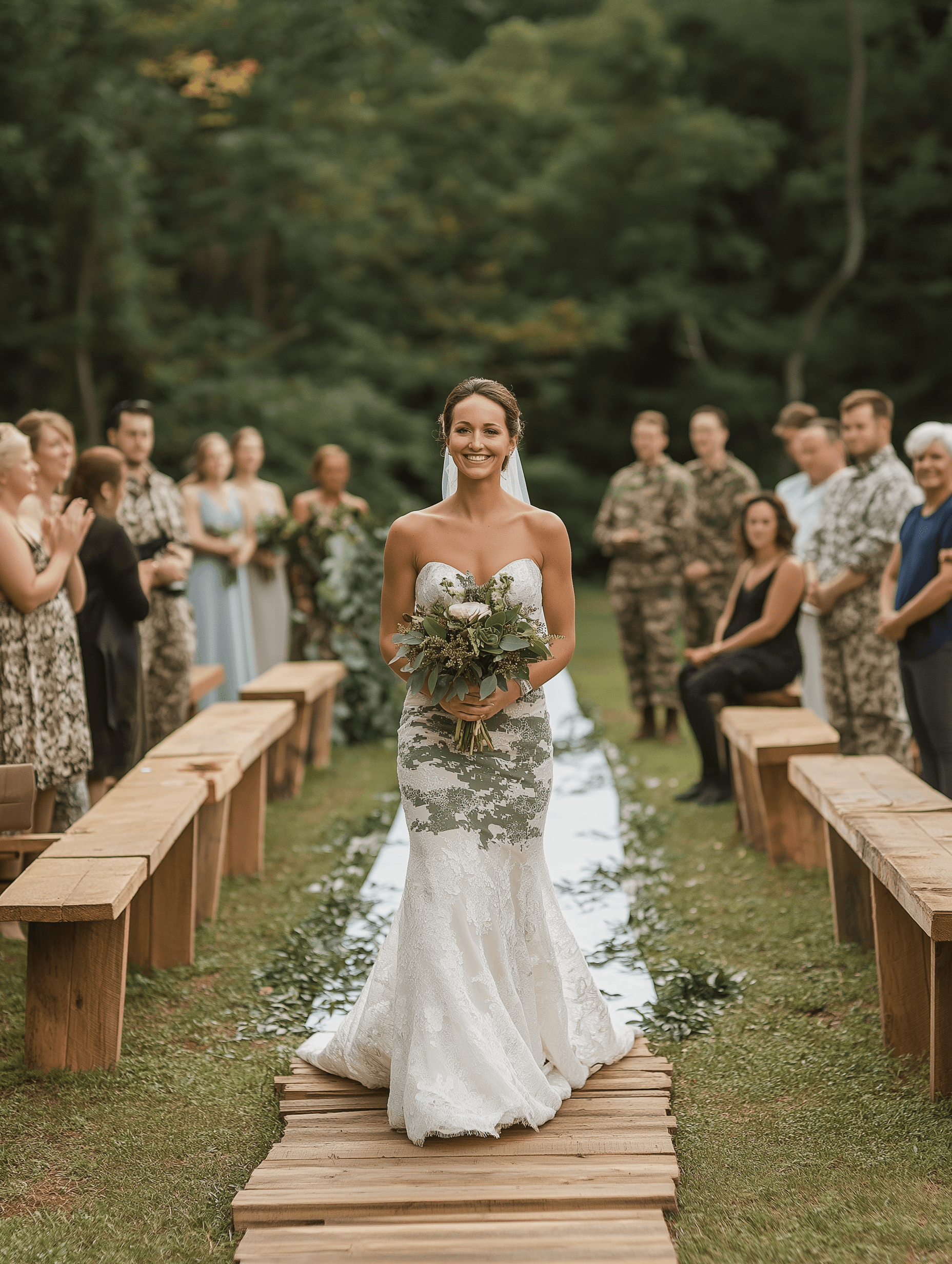 A bride walks down an outdoor aisle lined with wooden benches, holding a bouquet of greenery. She wears a strapless, form-fitting wedding dress with a camouflage lace overlay, smiling as she approaches the altar. The guests, some in military attire, look on in a wooded setting.