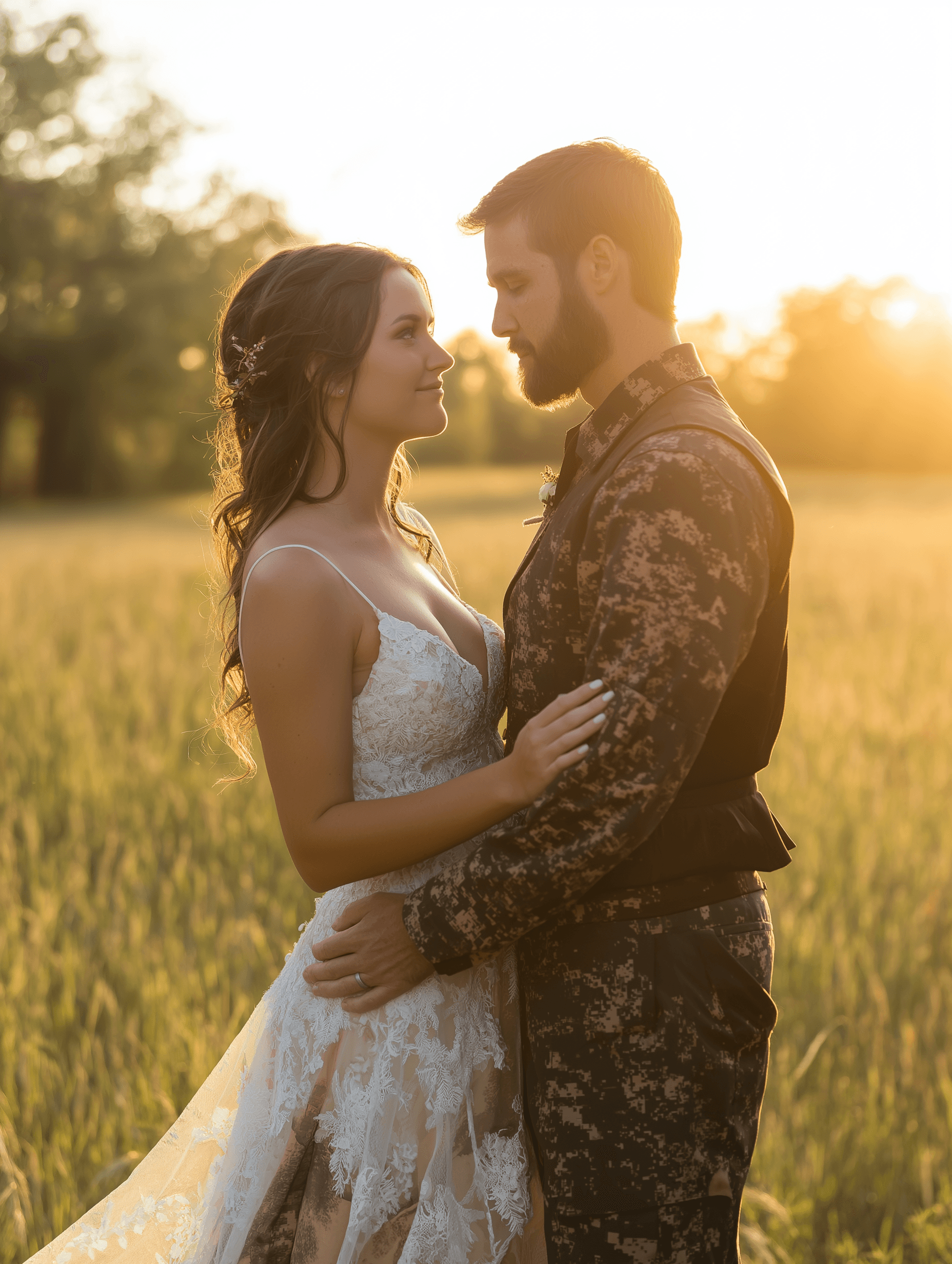 A bride and groom share an intimate moment in a sunlit field, gazing into each other’s eyes at sunset. The bride wears a lace wedding gown with thin straps, while the groom is dressed in military-style camouflage attire.