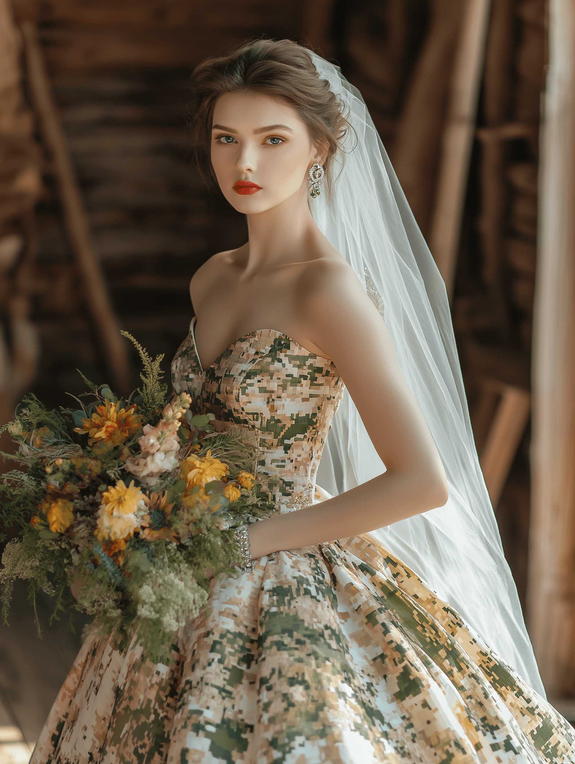 A bride stands in a rustic setting, wearing a camouflage-patterned strapless ball gown and a long, sheer veil. She holds a bouquet of wildflowers and looks confidently into the camera.