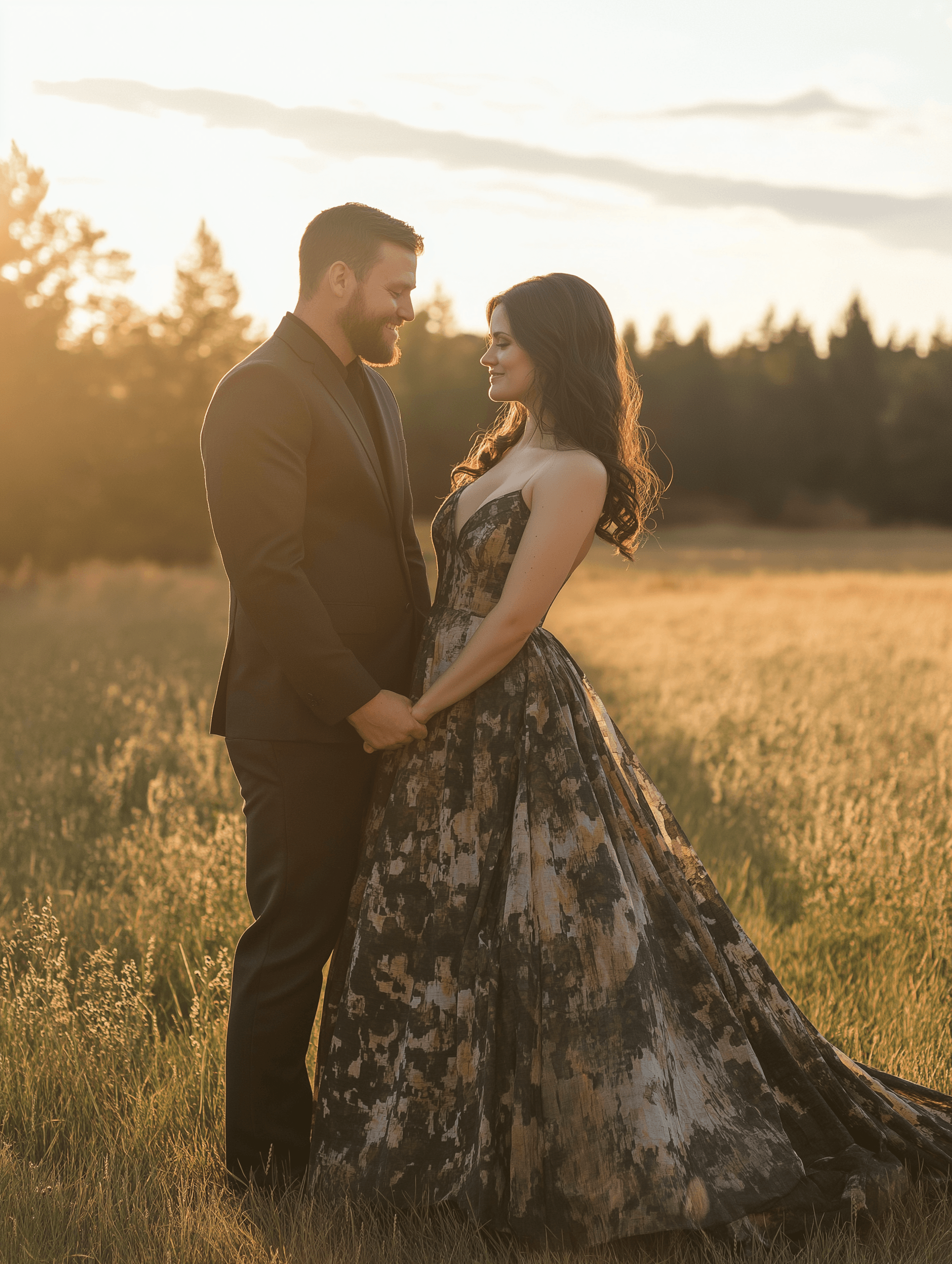 A couple standing in a sunlit field, holding hands and gazing at each other. The bride is wearing a flowing, earthy-toned, camouflage-style gown, while the groom is dressed in a black suit.