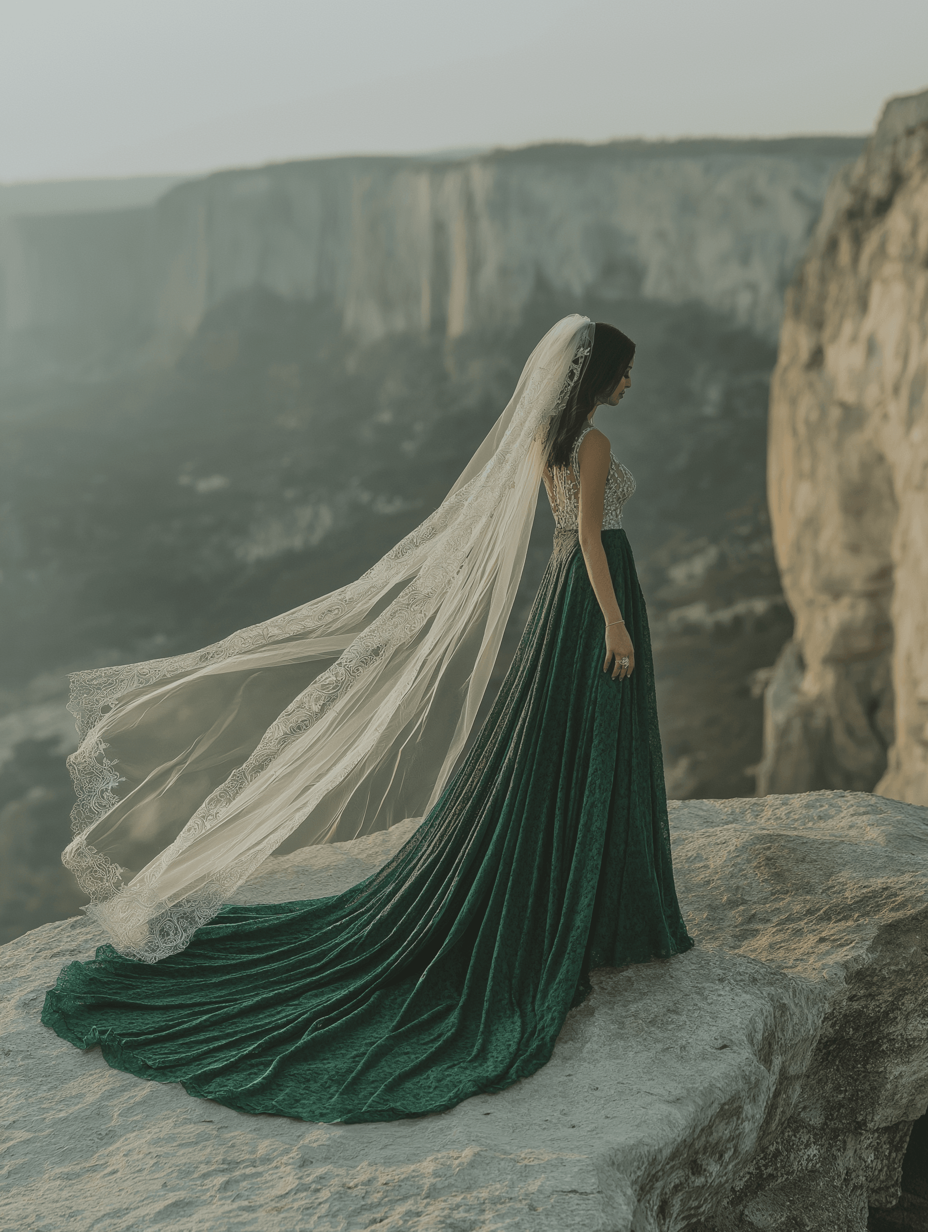 A bride stands on a cliff wearing a dark green wedding gown with a long, flowing skirt and a delicate lace veil that blows in the wind. The backdrop shows dramatic cliffs and a misty valley, adding a sense of adventure and nature to the scene.