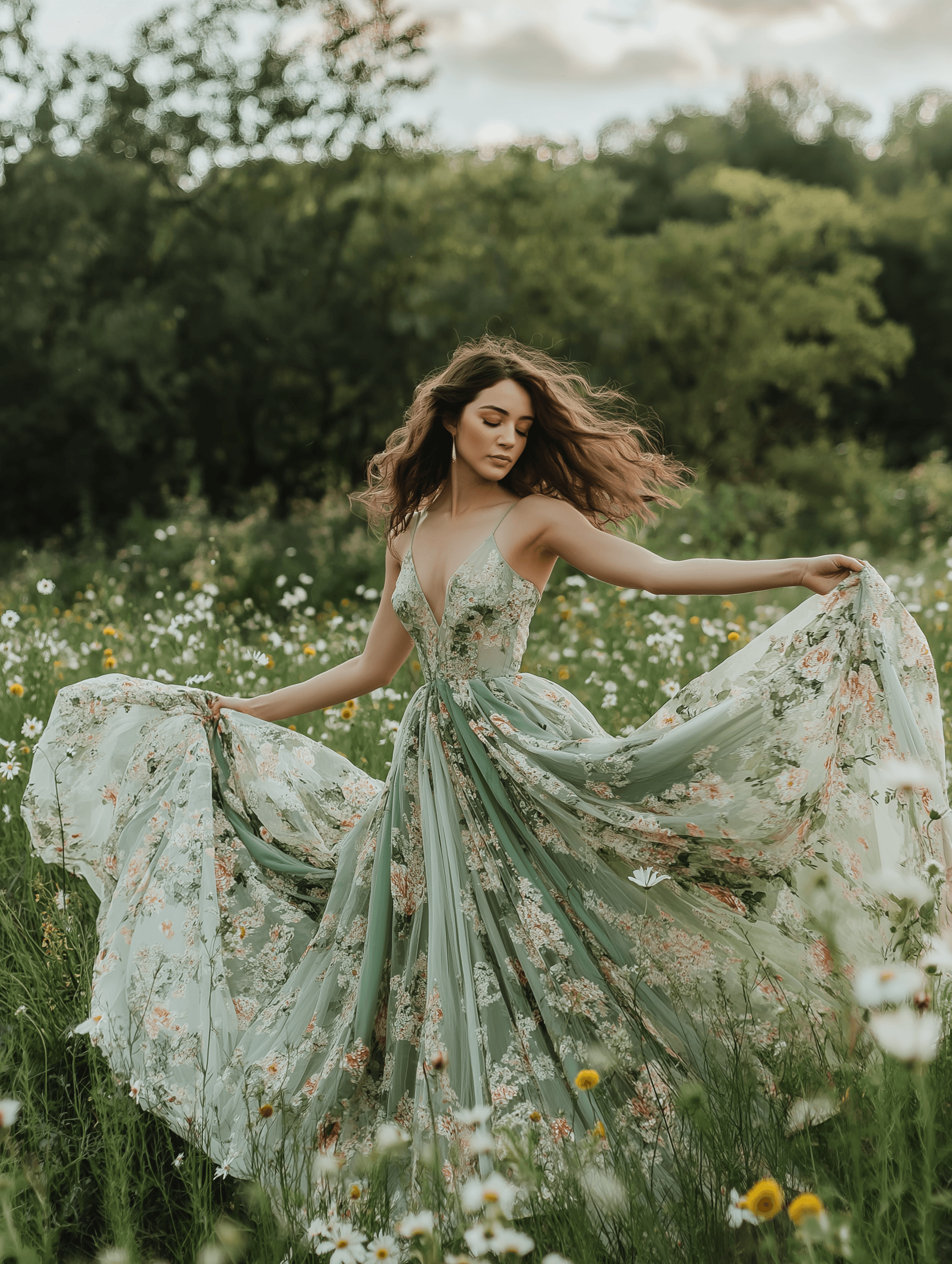 Uma mulher em um vestido de casamento floral verde fluido está em um prado de flores silvestres. O vestido tem um decote V profundo e uma saia cheia adornada com padrões florais. Ela segura as laterais do vestido enquanto ele esvoaça ao seu redor, com seu cabelo sendo levado suavemente pelo vento.