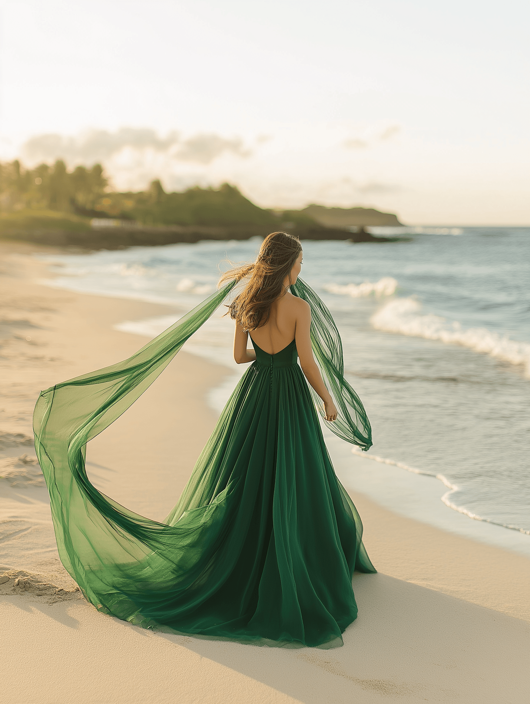 A woman in a flowing dark green gown stands on a sandy beach near the ocean. The dress has a long, full skirt that trails behind her, and she holds a long, flowing piece of fabric that blows in the wind. The backdrop features soft waves and a sunlit horizon.