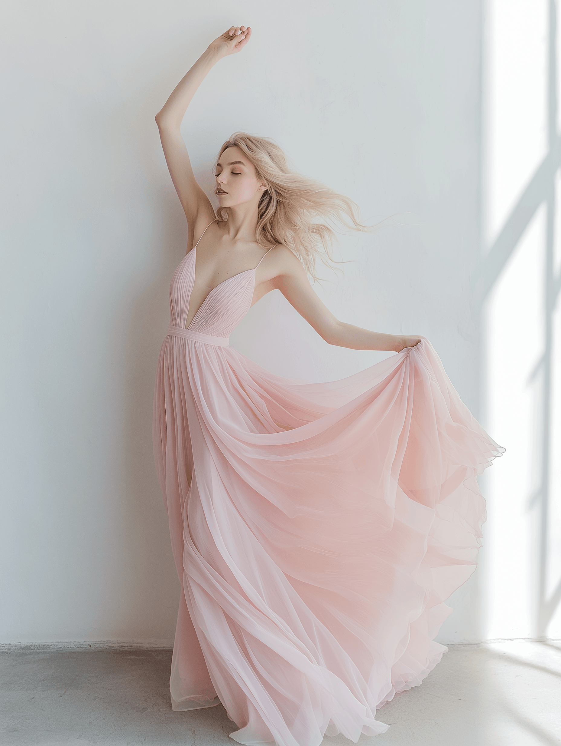 A woman poses in a soft pink, flowing wedding dress with a deep V neckline and thin spaghetti straps. She gracefully holds part of the dress’s skirt while her other arm is lifted. The light fabric of the dress billows around her in a minimalistic, bright studio setting.