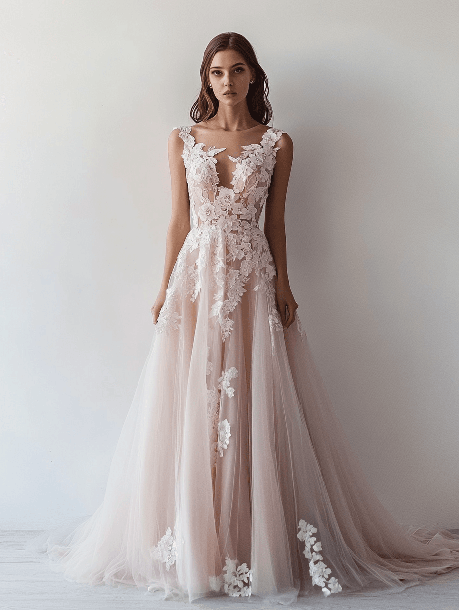 Uma mulher usa um vestido de noiva rosa blush suave com um decote profundo e apliques de renda floral que cobrem o corpete e fluem pela saia. O vestido tem uma sobreposição de tule transparente, criando uma silhueta esvoaçante e etérea. Ela está contra um fundo branco liso.