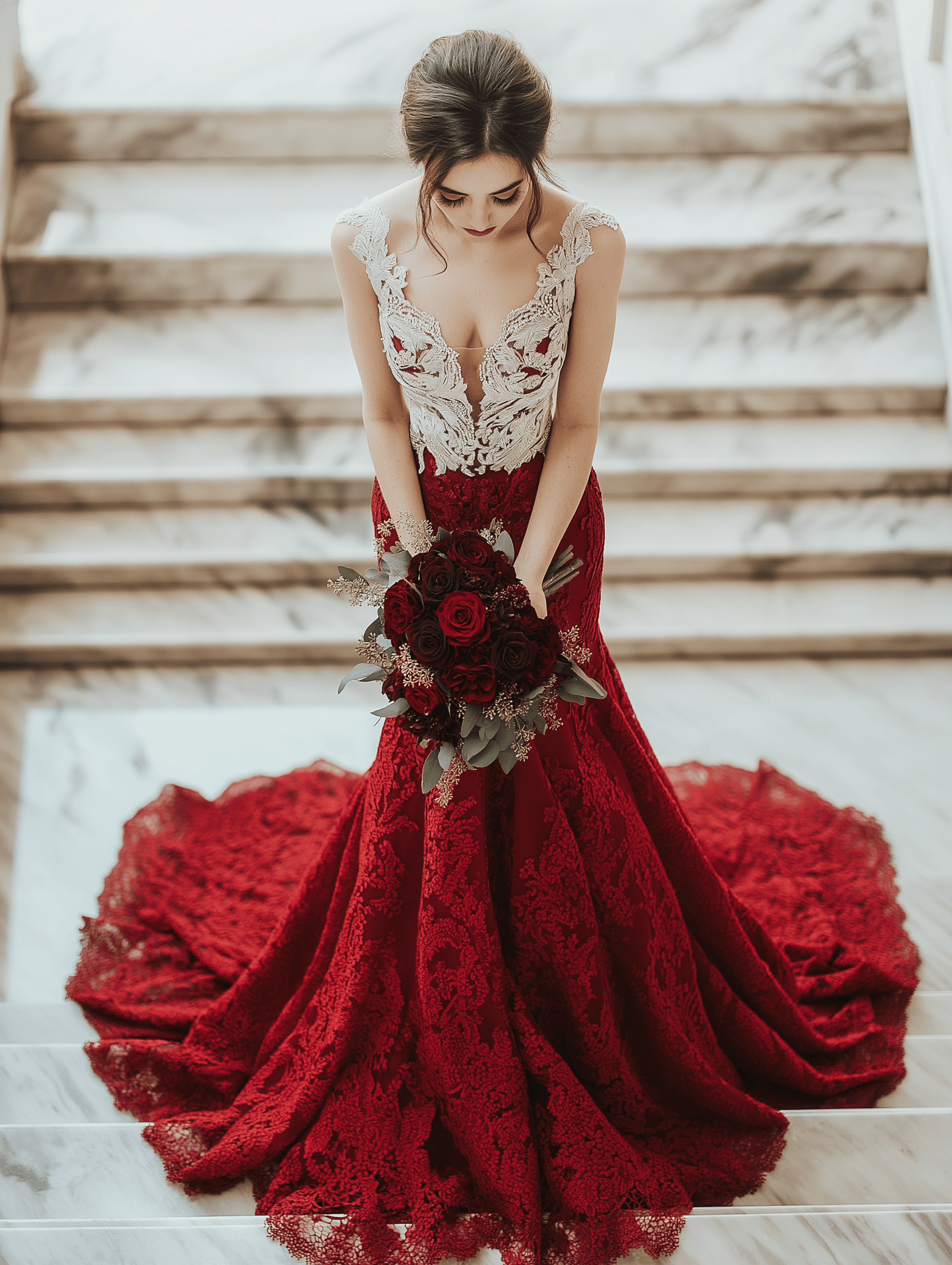 Una donna in un abito da sposa rosso in pizzo si trova su scale di marmo, tenendo un mazzo di rose rosse scure. Il suo abito da sposa ha un corpetto in pizzo bianco dettagliato con un profondo scollo, e la lunga gonna in pizzo rosso si estende attorno a lei. Sta guardando in basso verso il mazzo.