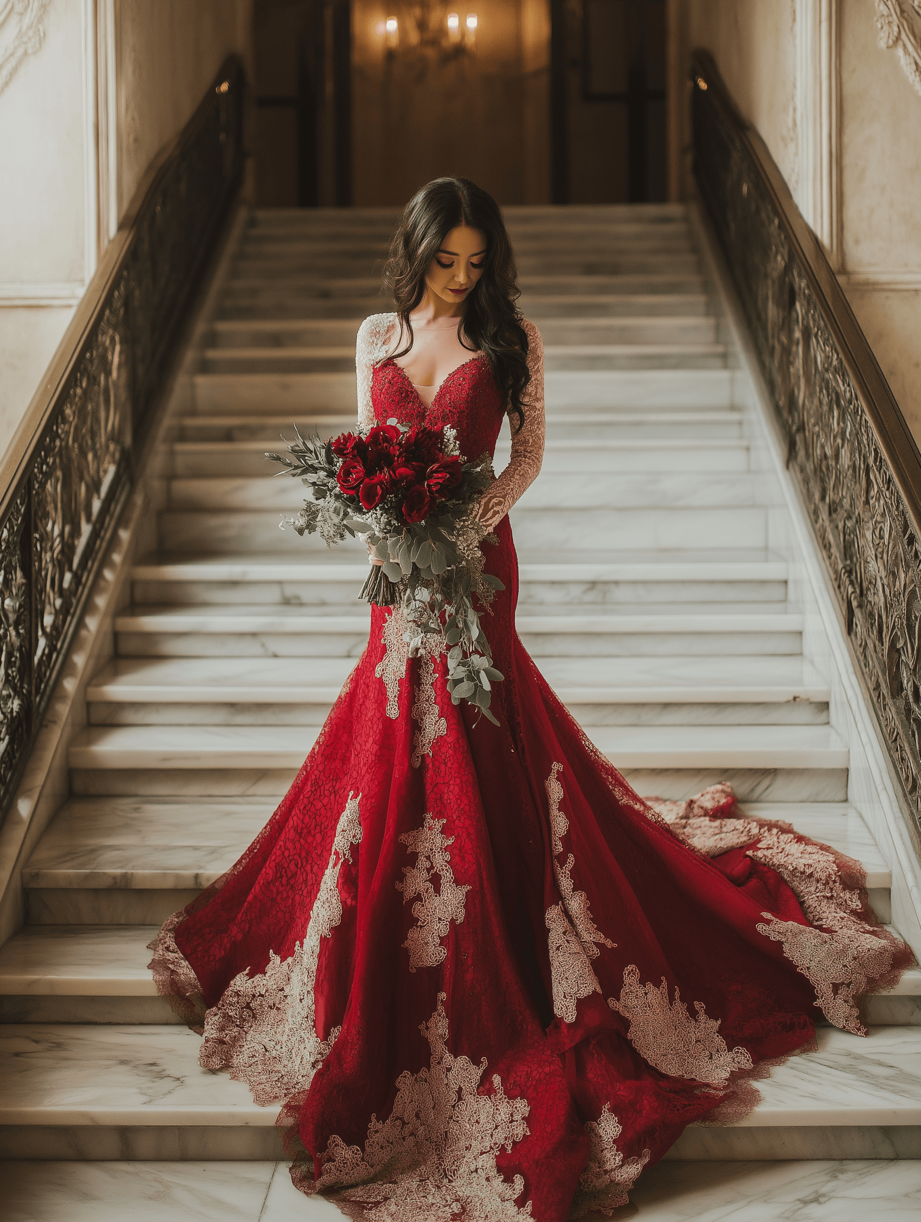 Uma noiva está de pé em uma escadaria de mármore usando um vestido de renda vermelha com detalhes intrincados em renda branca. O vestido de noiva possui mangas longas de renda e um decote profundo. Ela segura um buquê de rosas vermelhas e folhagens enquanto olha para baixo para as flores. O ambiente é um interior clássico e elegante.