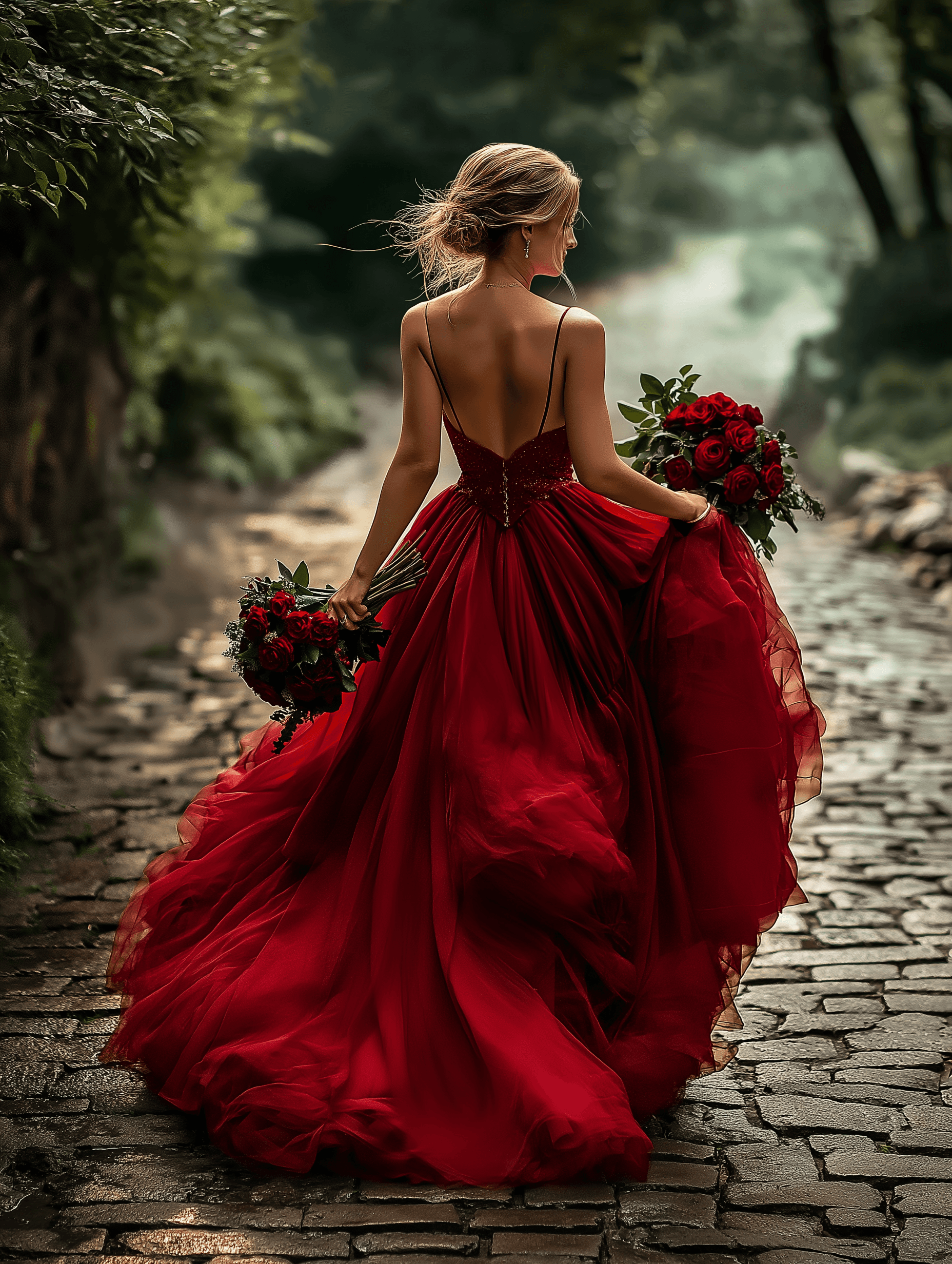 Una mujer en un vestido rojo fluido camina por un camino de adoquines en un entorno verde y exuberante al aire libre. Su espalda está hacia la cámara, y ella lleva dos ramos de rosas rojas mientras su vestido ondea a su alrededor. Su cabello está peinado en un recogido suelto.