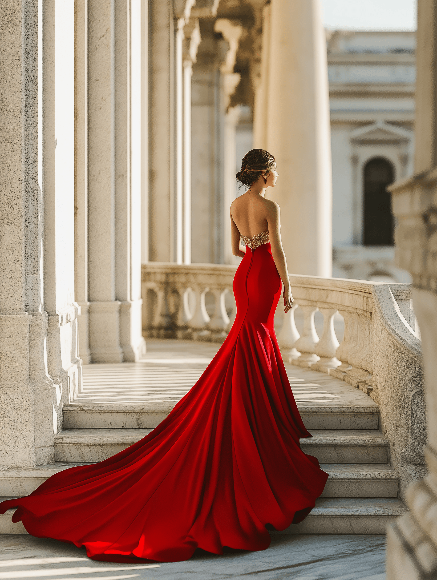 Una mujer en un vestido rojo ceñido sin tirantes con una larga cola fluida está de pie en una escalera de mármol. Está posicionada con su espalda hacia la cámara, mirando hacia un entorno arquitectónico con columnas y un balcón. Su cabello está peinado en un moño elegante.