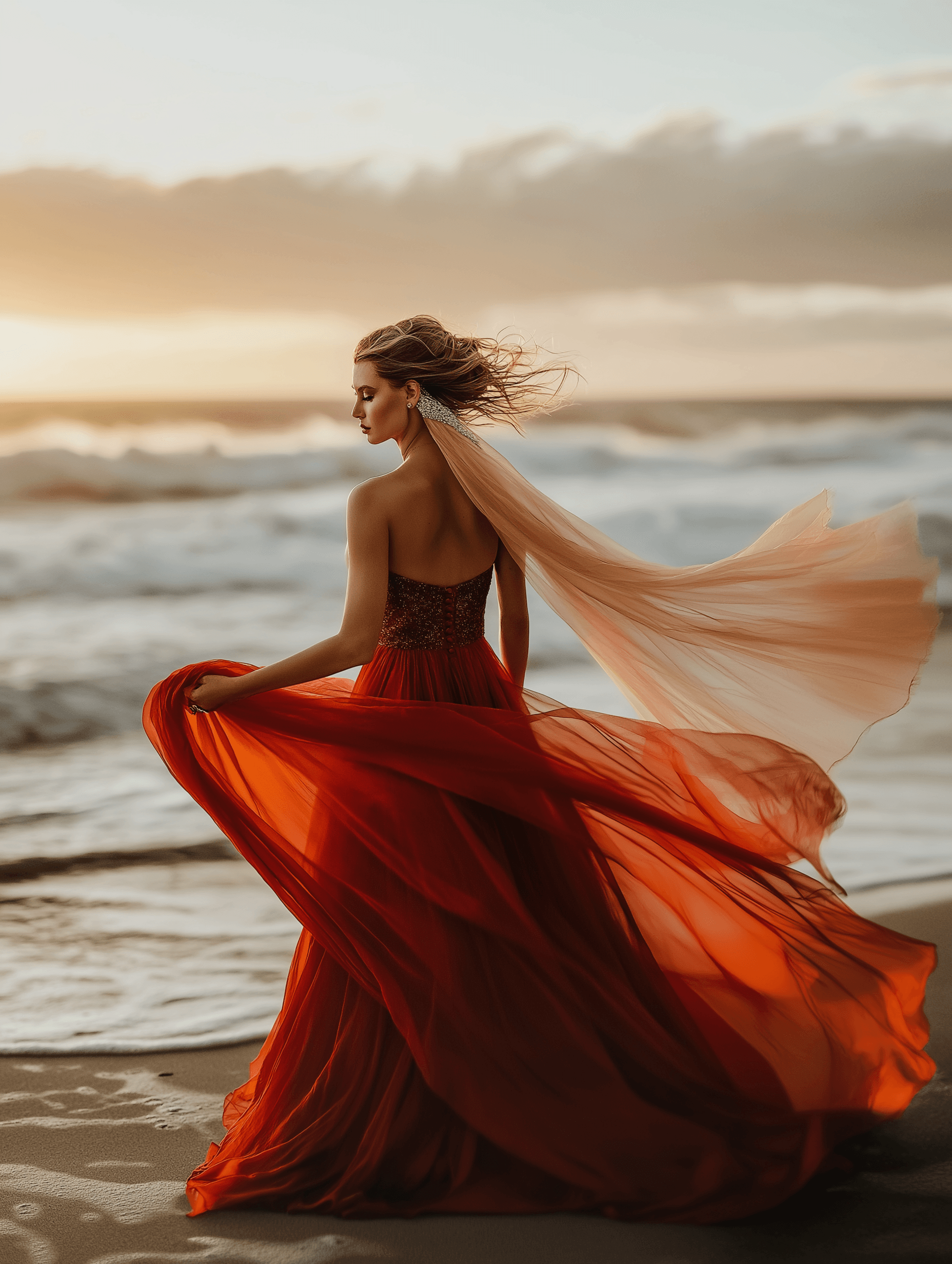 Eine Frau in einem fließenden roten Kleid steht am Strand bei Sonnenuntergang, wobei ihr Hochzeitskleid im Wind weht. Ihr Haar und ein hellrosa Schal wehen ebenfalls hinter ihr, während sie nach unten schaut, mit den Ozeanwellen und der untergehenden Sonne im Hintergrund.