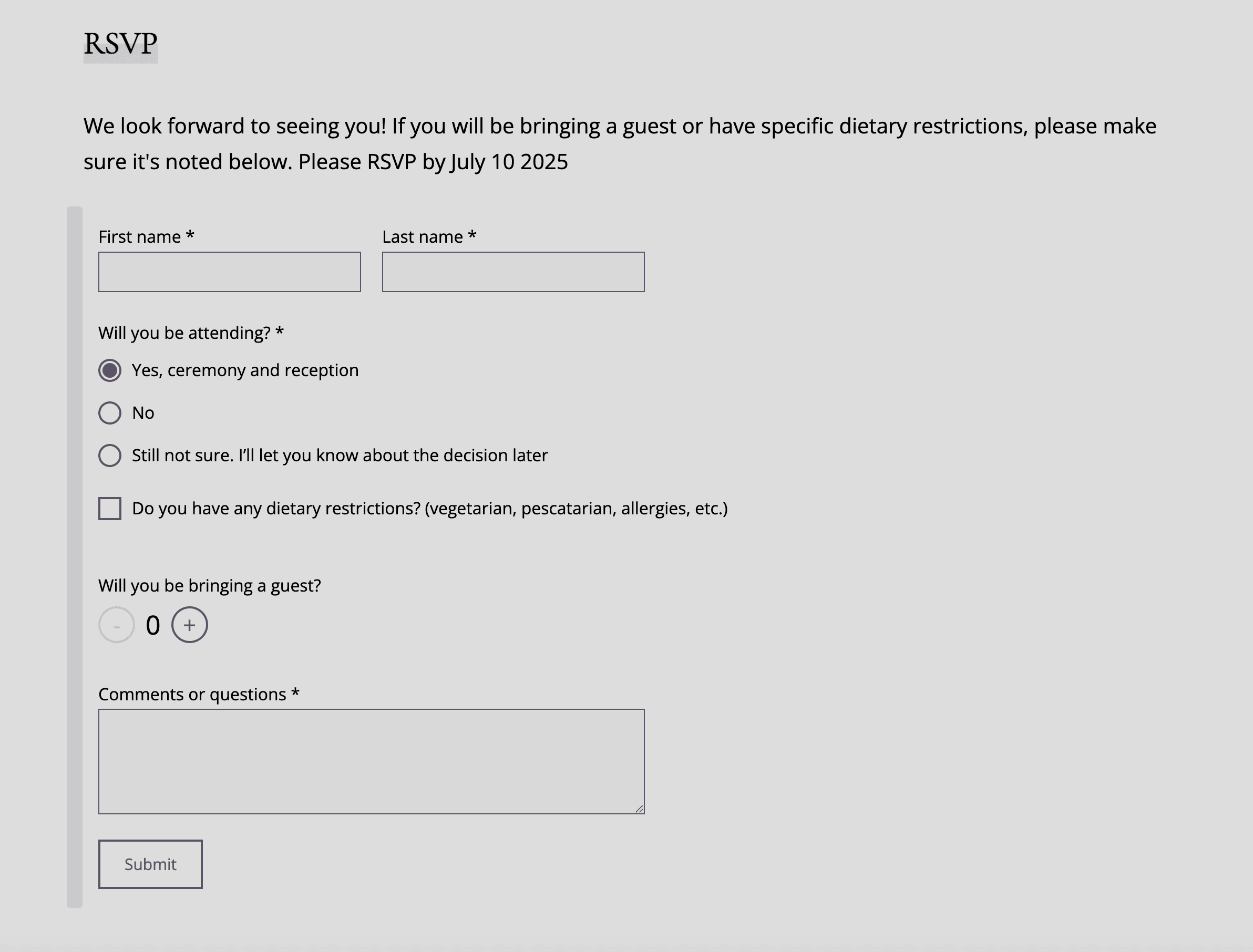 Una vista dettagliata di un moderno modello di sito web per matrimoni caratterizzato da una tipografia elegante, una navigazione intuitiva e sezioni personalizzabili per i dettagli del matrimonio.