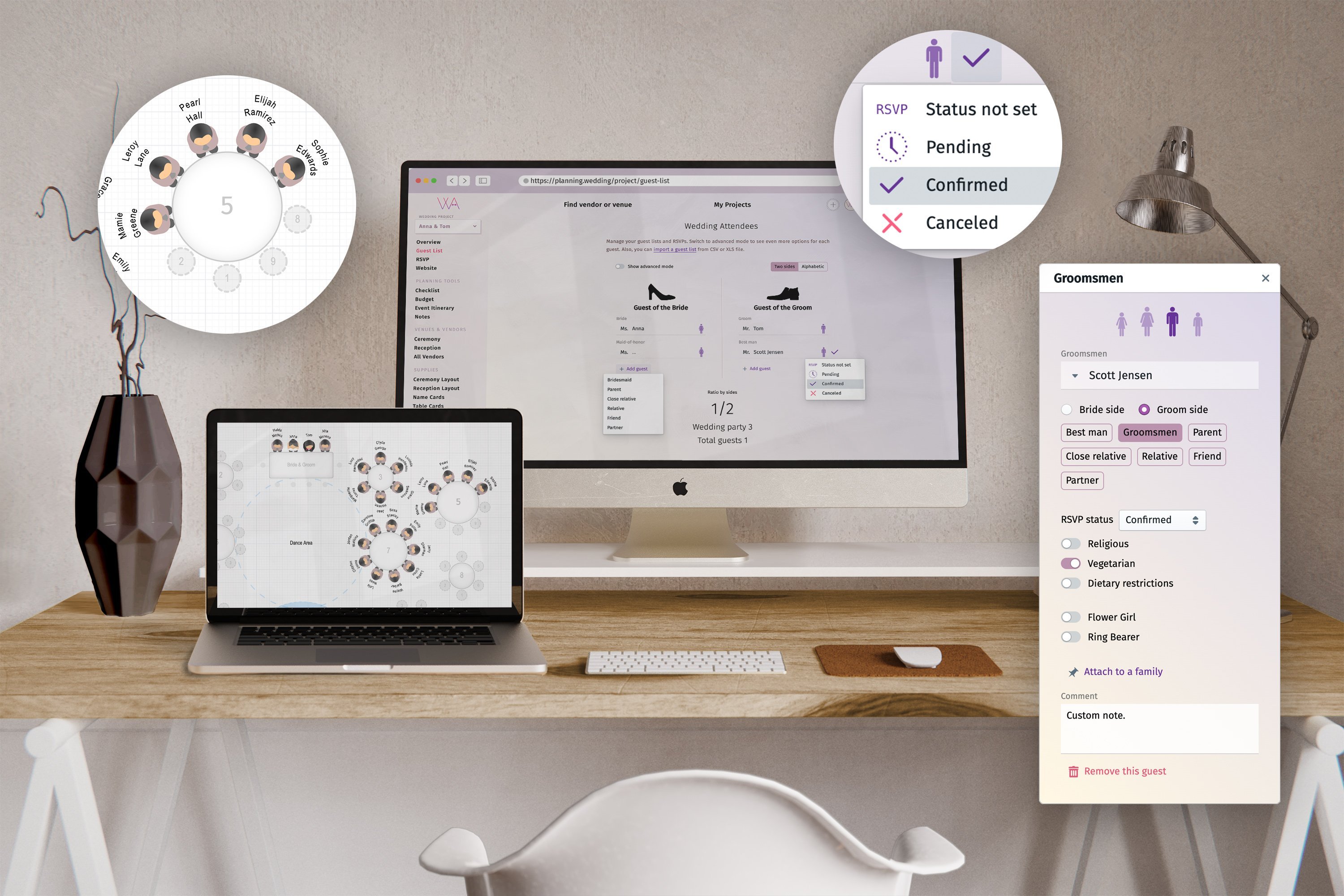 A modern computer desk with a sleek, minimalist design features advanced wedding planning tools displayed on multiple devices. An iMac and a laptop showcase software for organizing a wedding guest list, seating arrangements, and RSVPs. The screens show seating charts with guest avatars and details of individual guests, including confirmation status, dietary preferences, and roles (like groomsmen). A geometric vase adds a stylish touch to the wooden shelf, which is complemented by a simple white chair and a clean, organized workspace