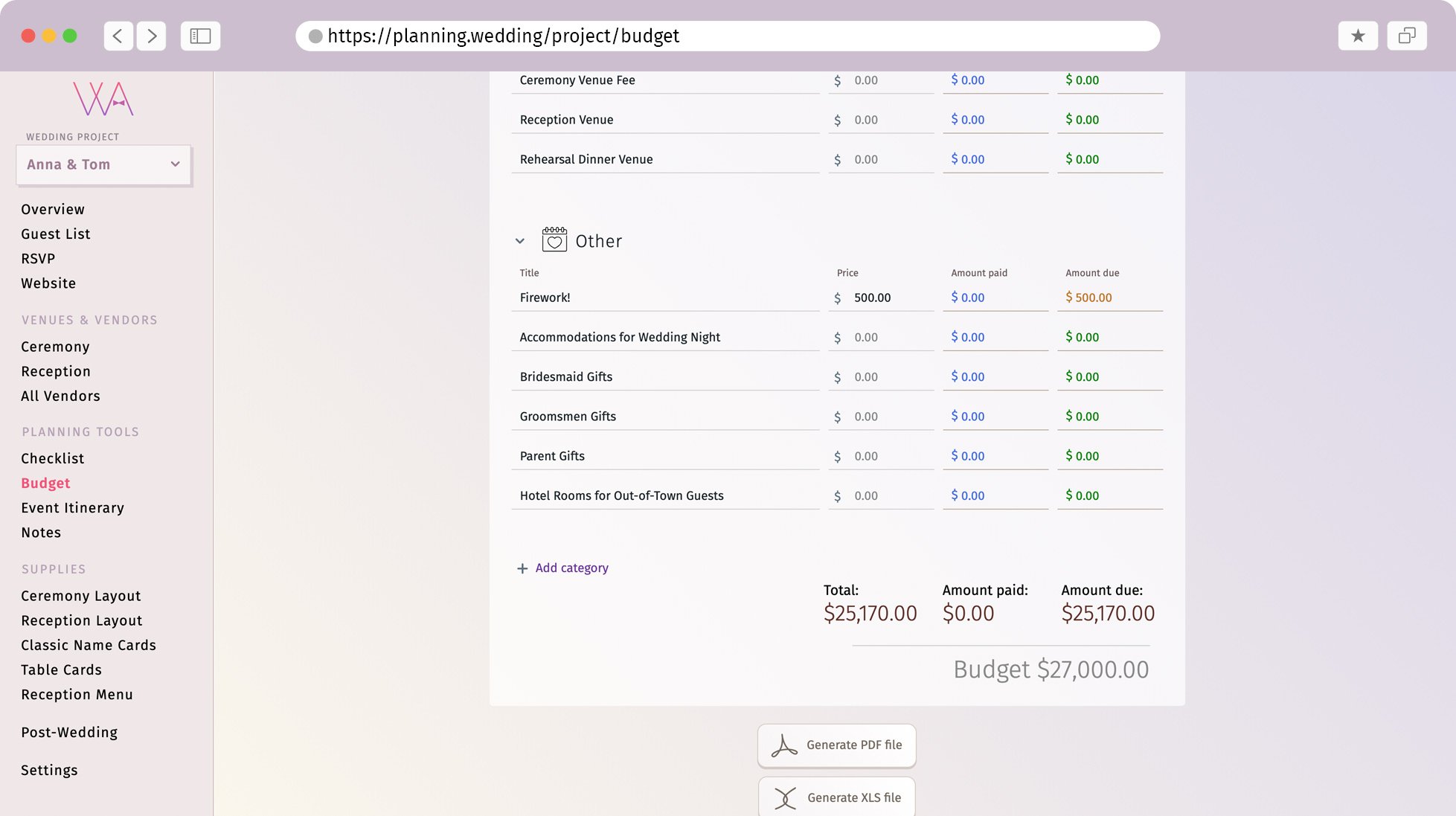 Example of average wedding cost